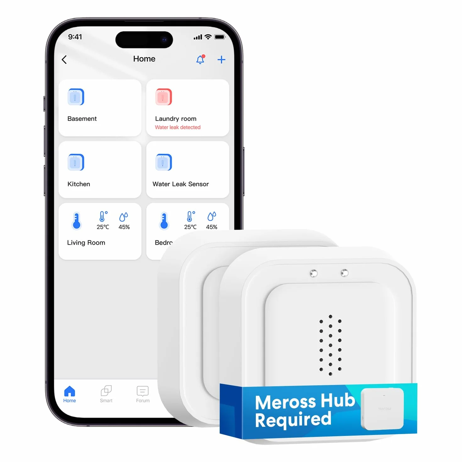 Meross Detector de Agua Inteligente | Requiere Hub | Detector de Fugas de Agua IP66 y 100 dB | Smart Detector de Agua para cocinas, baños, sótanos | Compatible con Apple Home, Alexa y Google | 2,4GHz