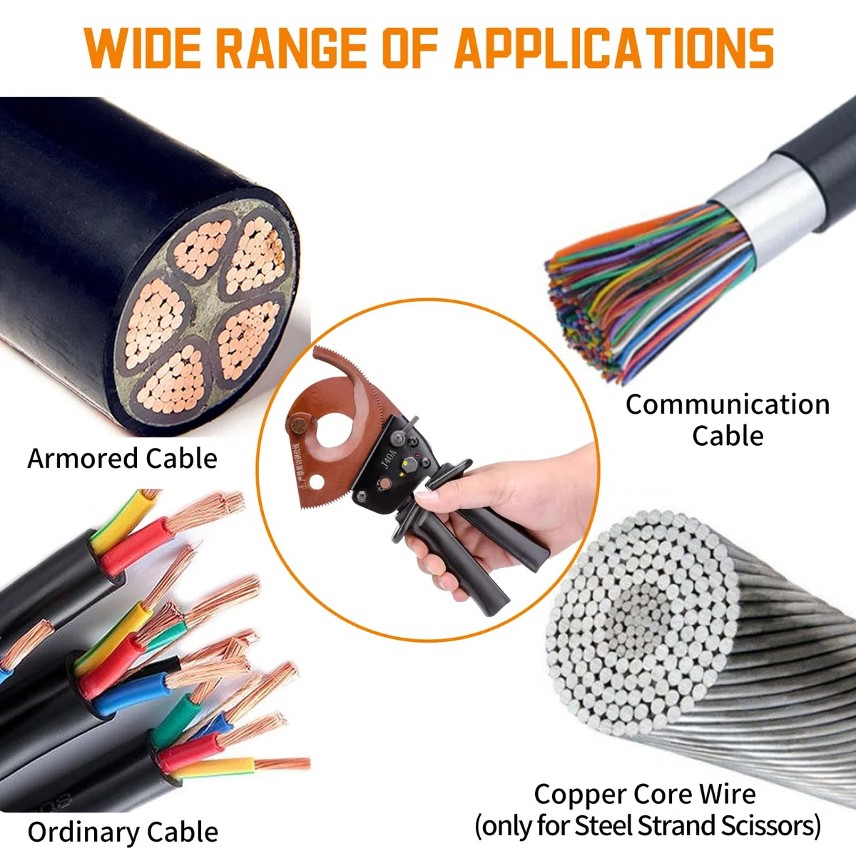 J40A Tijeras Trinquete Cable Grado Industrial, Herramienta Cortadora Acero Manganeso, Cortaalambres Metálicos Cable Manuales, Cortador Cables para Cortar <300 mm² Cable Blindado Cobre Aluminio