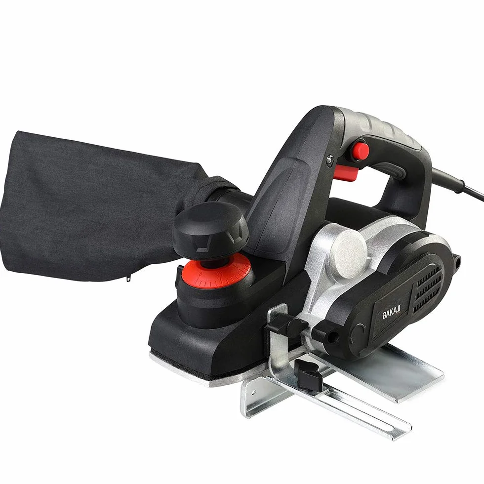 Bakaji Cepilladora eléctrica potencia 900 W lijadora cepilladora madera velocidad 16500 rpm ancho corte 82 mm profundidad ajustable 0-3 mm con aspirador integrado bolsa + guía paralelo
