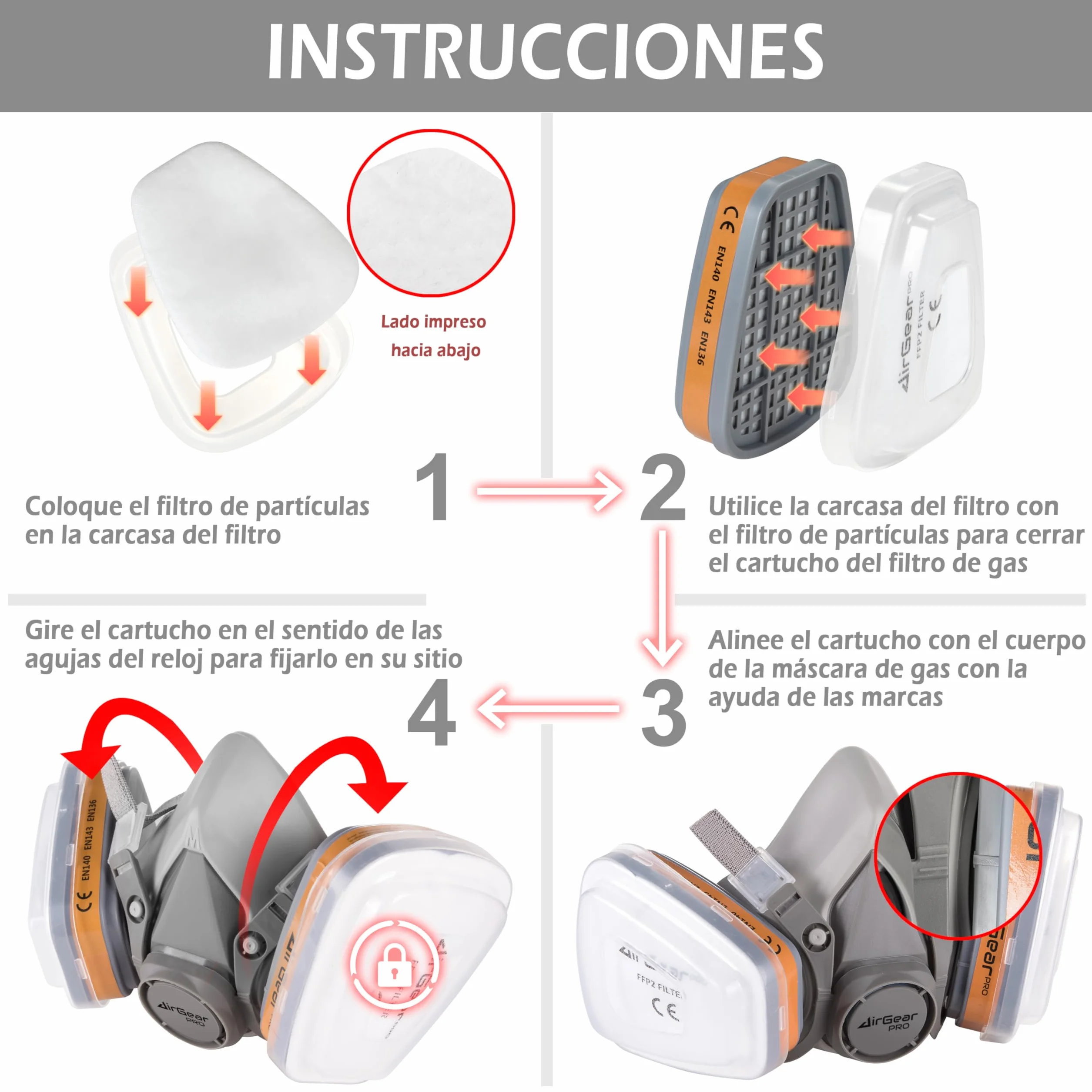 AirGearPro M-500 Máscara Respiratoria Reutilizable, Antipolvo, Antigás con Filtros para Pintar, Construcción, Bricolaje, Lijado