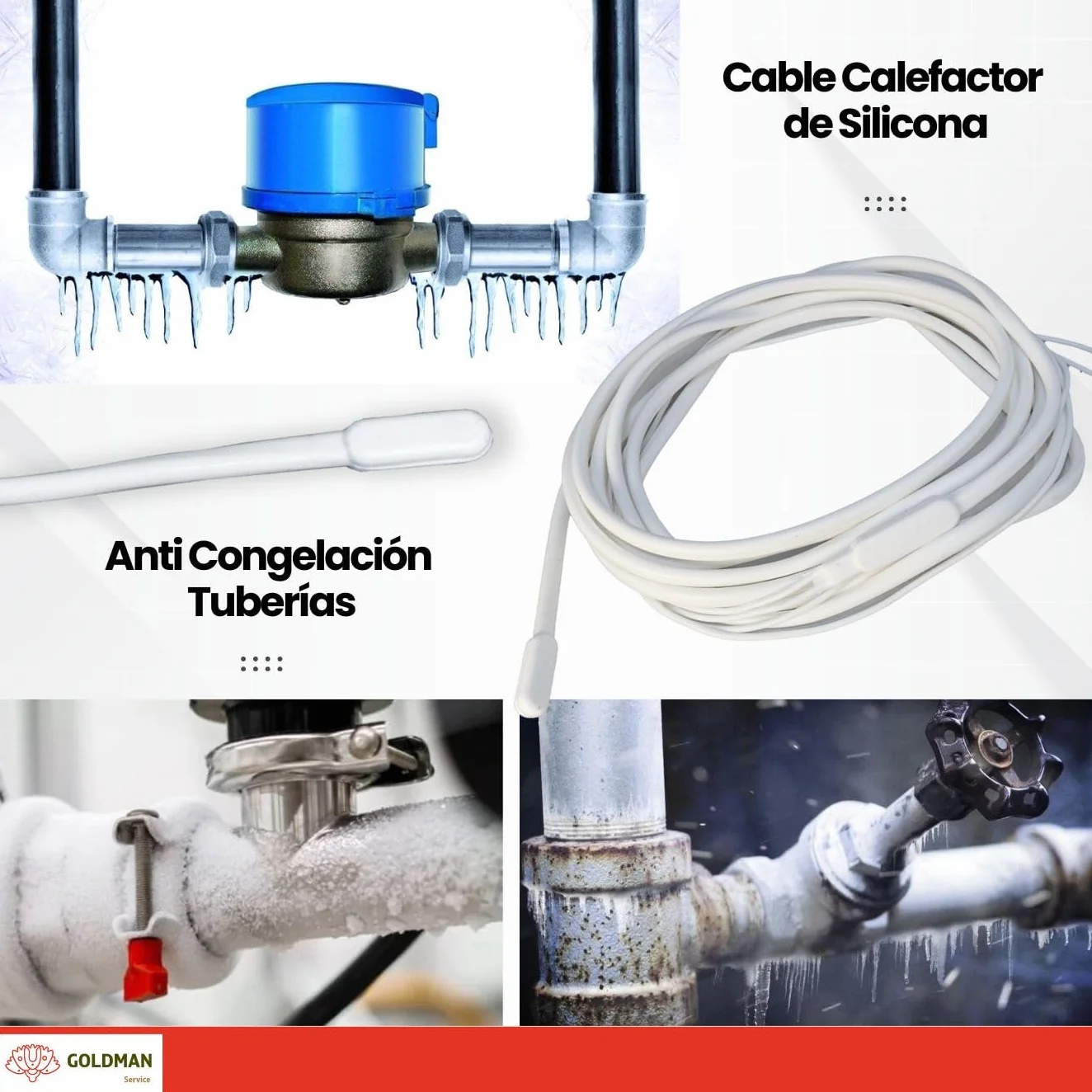 GOLDMAN SERVICE | Cable Calefactor Resistencia Bipolar de Silicona Anti Congelación Tuberías | 4 Metros, 60 Vatios | Incubadoras, Acuarios, Reptiles, Invernaderos, Fermentación (4 m | 60W)