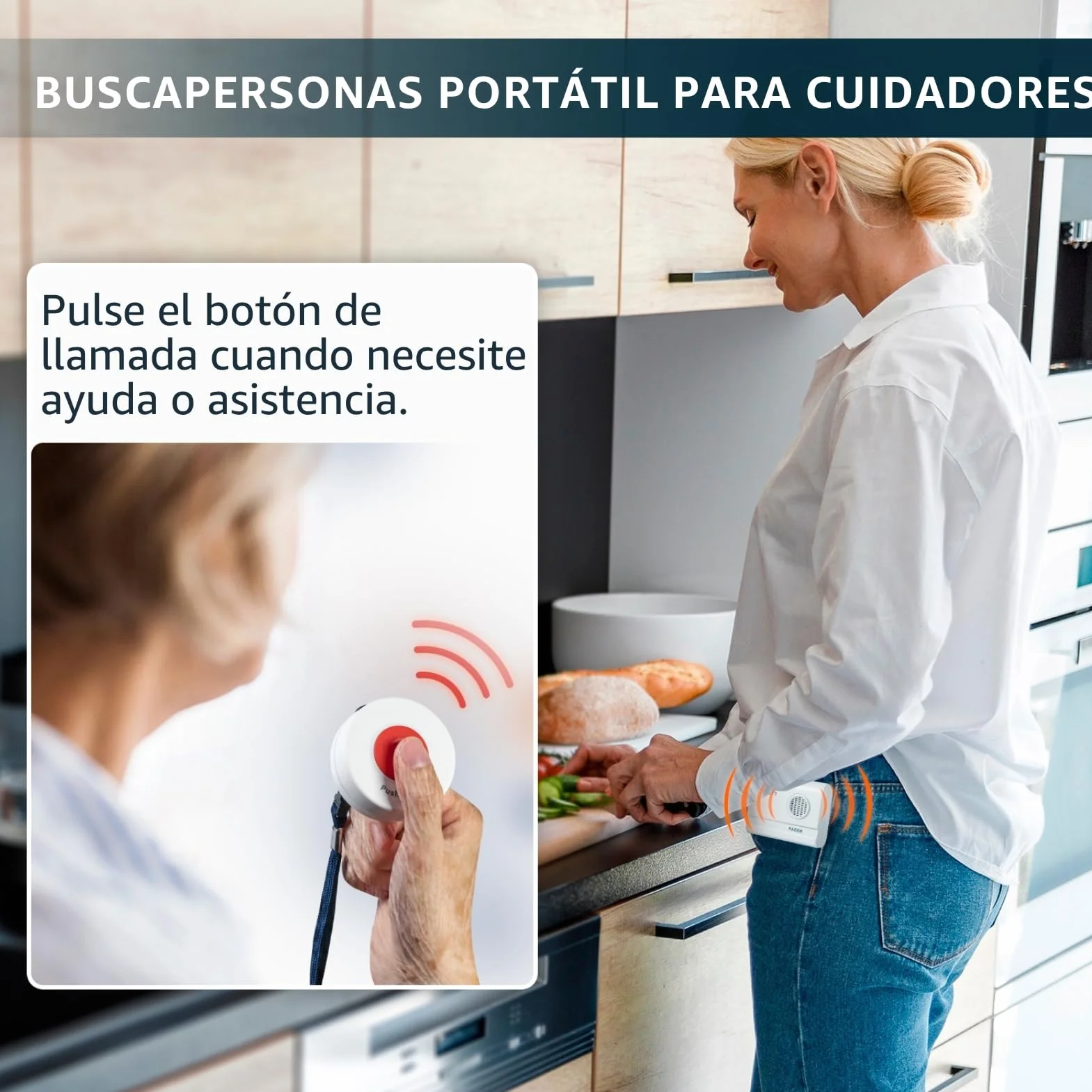 Buscapersonas Inalámbrico con Pulsadores SOS para Ancianos – Sistema de Alarma Portátil para Cuidadores, Llamada de Enfermería, Pacientes y Emergencias en el Hogar