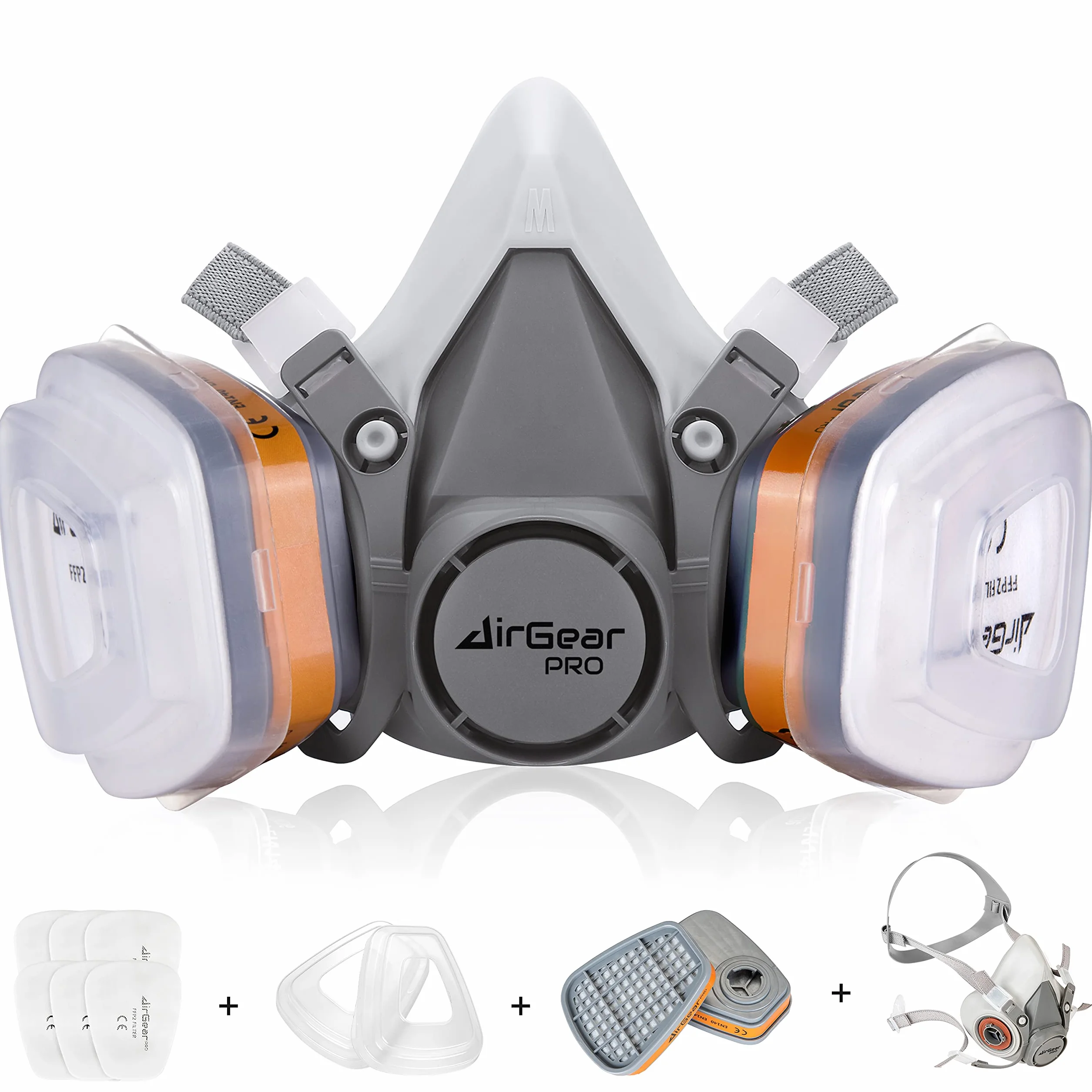 AirGearPro M-500 Máscara Respiratoria Reutilizable, Antipolvo, Antigás con Filtros para Pintar, Construcción, Bricolaje, Lijado