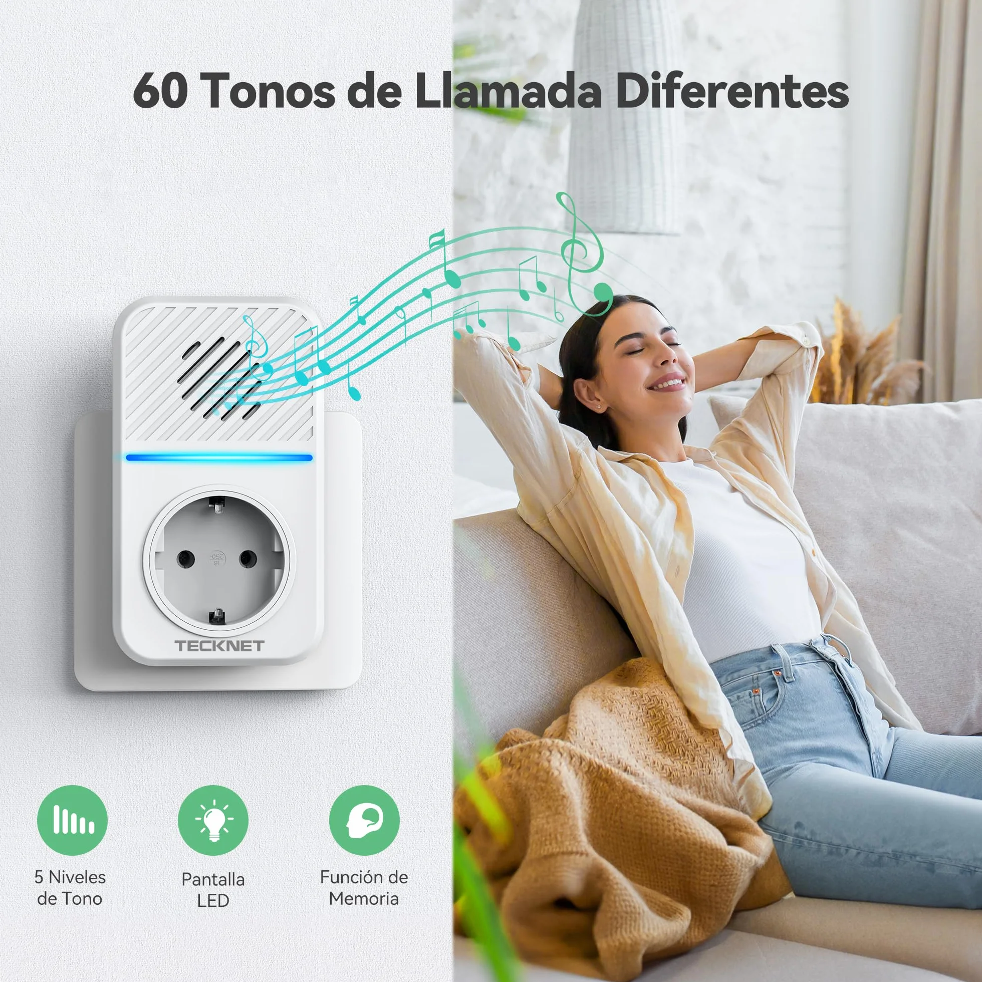 TECKNET Timbre Inalámbrico, 400M Timbre Inalámbrico Autoalimentado, IP65 Timbre Electrónico Impermeable, Kit de Timbre con Tomas USB Externas y Luz LED, 60 Melodías, 5 Niveles de Volumen