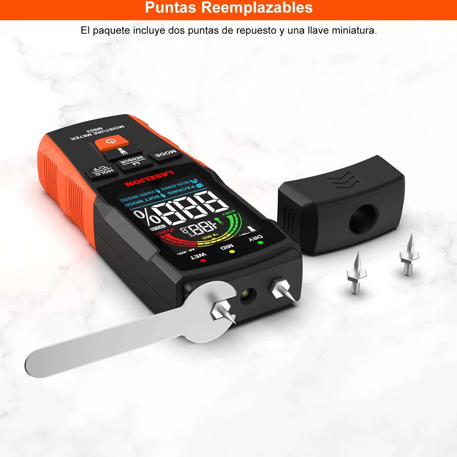 LASELION Medidor de Humedad 2 en 1 - Detección 0-40mm, Con y Sin Agujas, Higrómetro Humedad con Preciso para Madera, Hormigón y Construcción - Pantalla LCD, Linterna - MS03