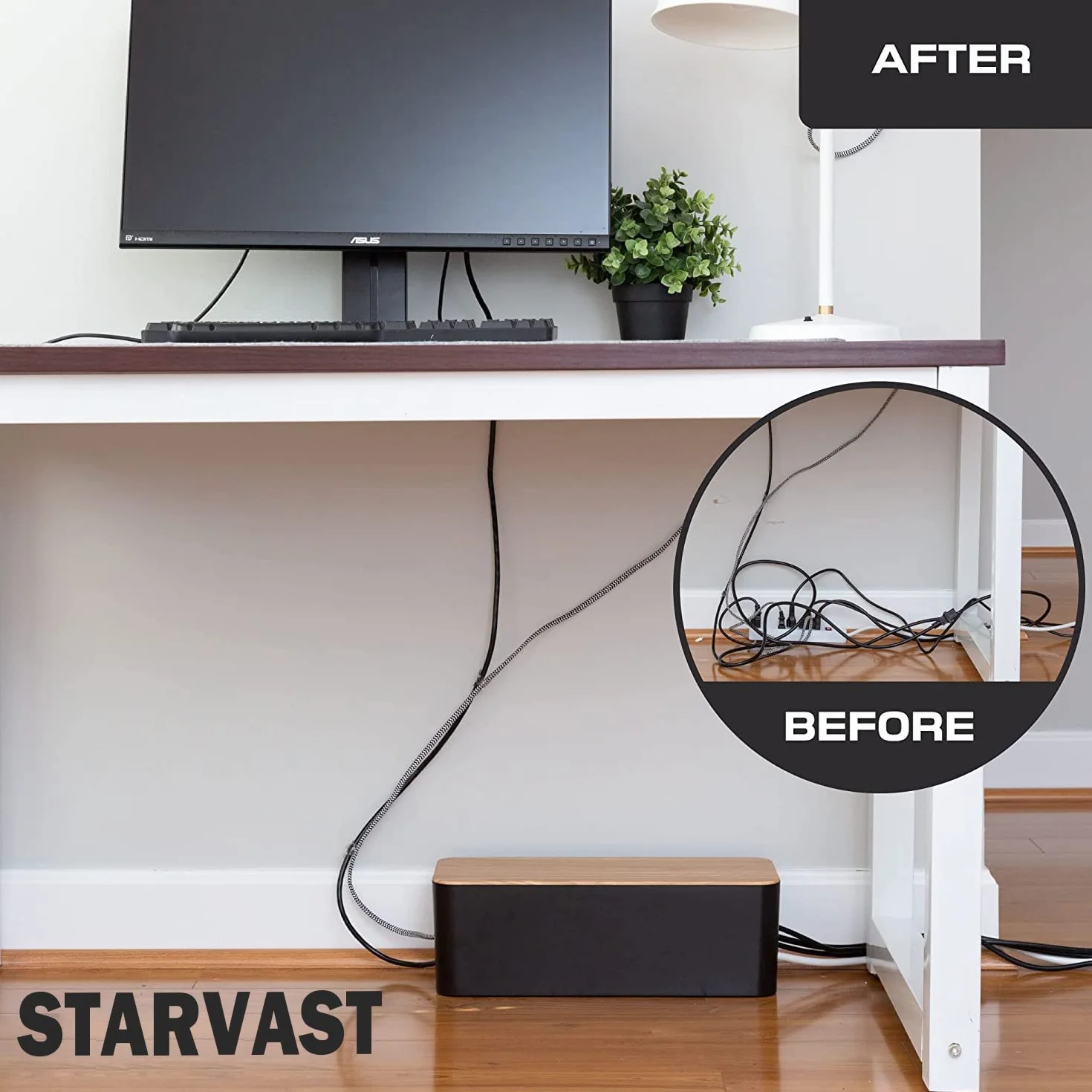 Caja Organizadora Cables con Tapa de Madera, 3 Piezas, Negra con Bridas, para Regletas Router Escritorio