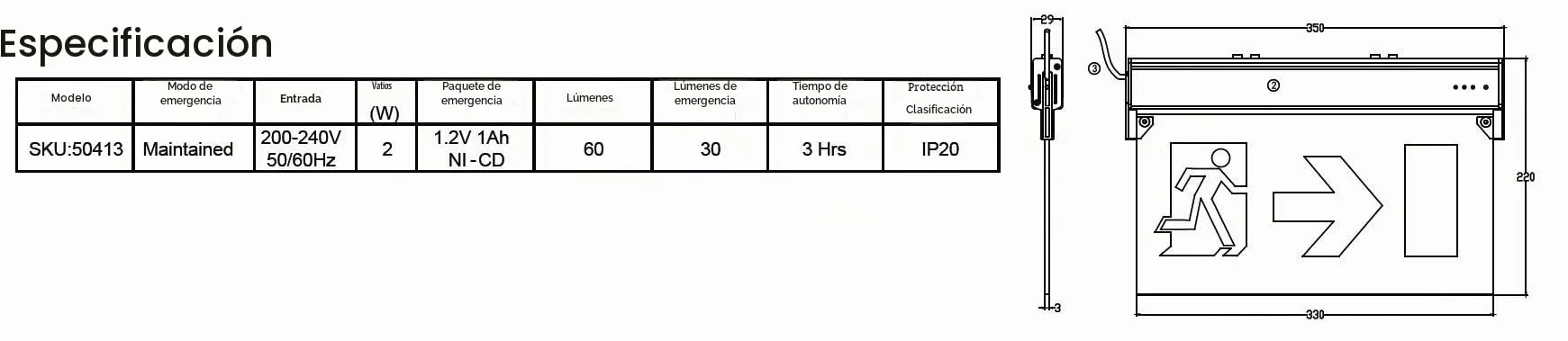 Luz LED de emergencia y salida, IP20 o IP65 (luz continua IP20)