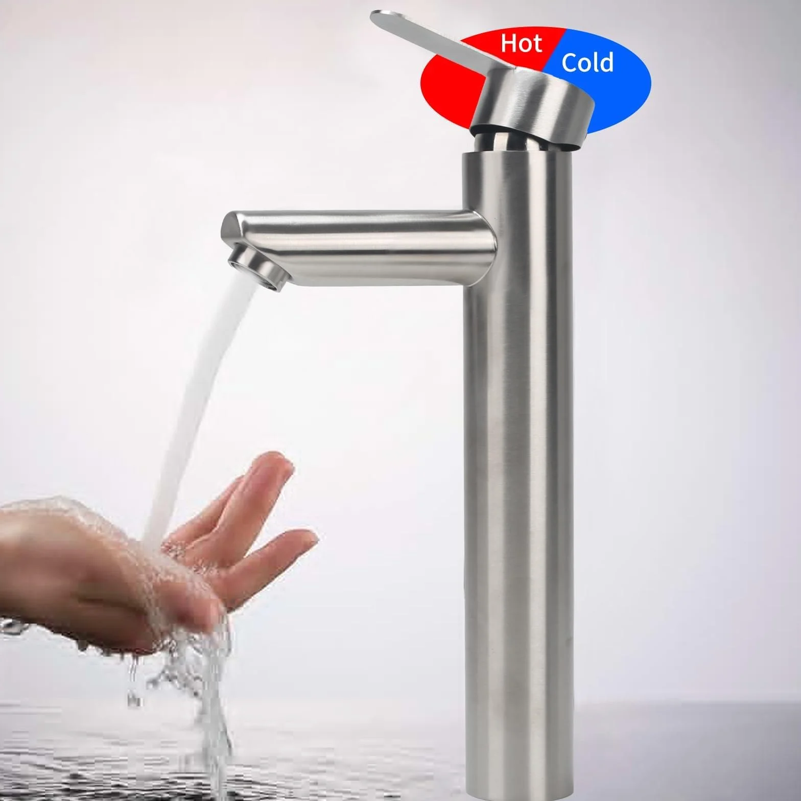 Grifo Alto de Lavabo Monomando para Baño - Mezclador de Acero Inoxidable con Control de Agua Fría y Caliente (Caño 200 mm)