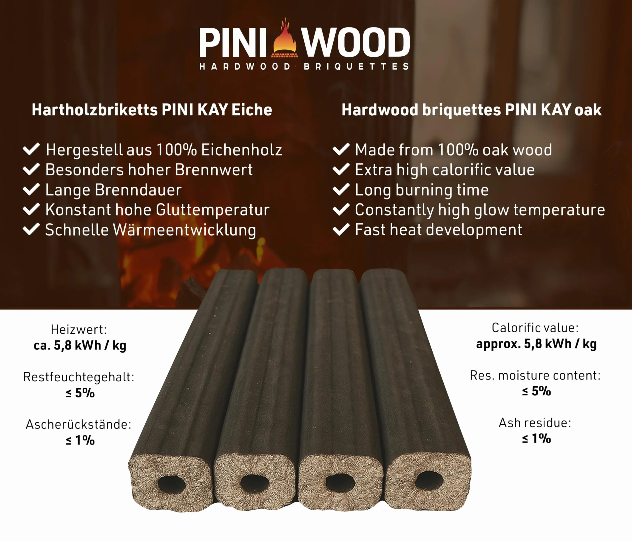 PINI Kay Briquets de roble de 33 cm de largo, cuadrados con orificio de extracción, 10 kg de briquetas de madera dura, leña, briquetas de madera, roble, para chimenea, estufa, fogata, parrilla