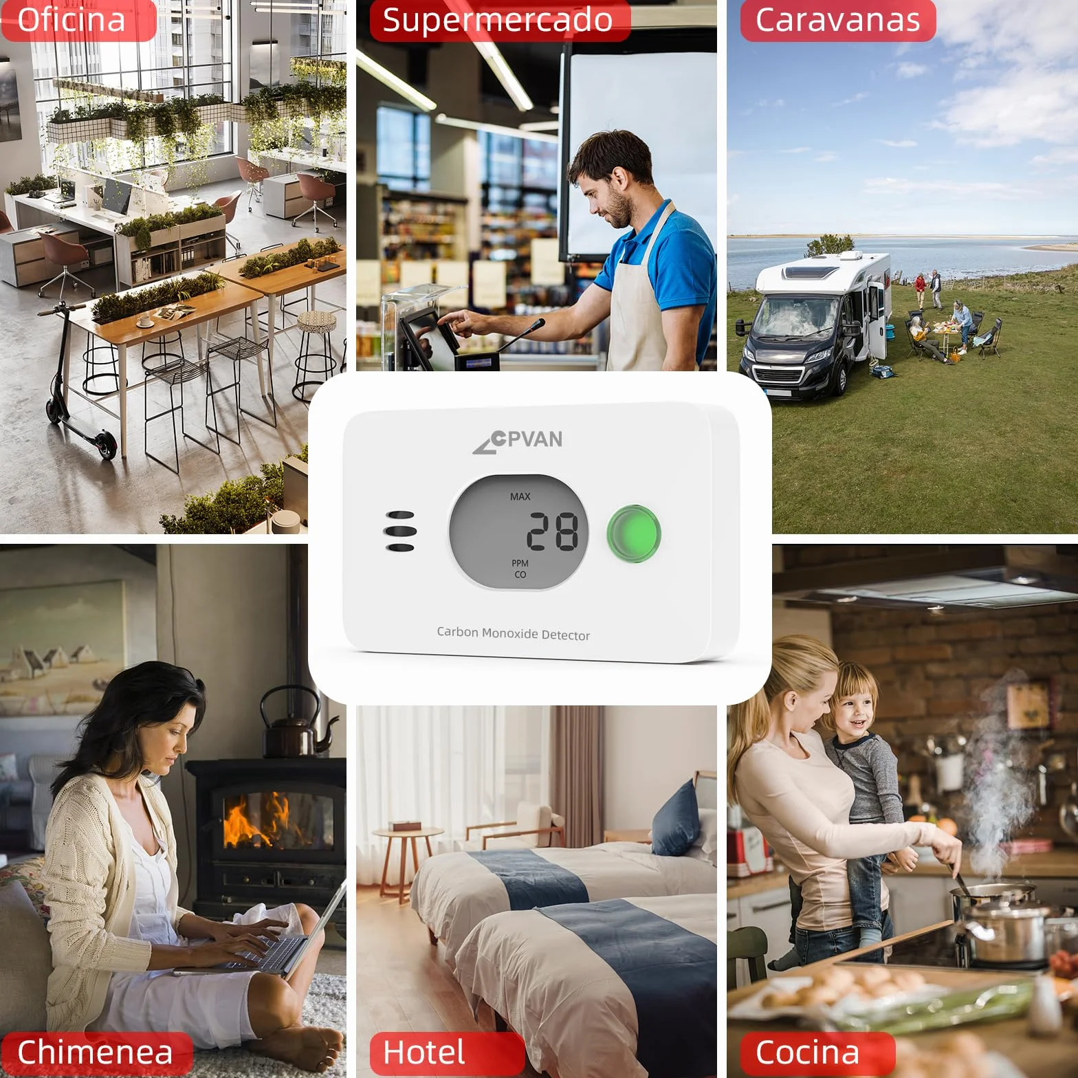 CPVAN Detector de Monóxido de Carbono 3 en 1, 10 Años CO Gas Alarma con Batería Reemplazable, Detector de CO con Temperatura y Humedad, Norma Europea EN50291