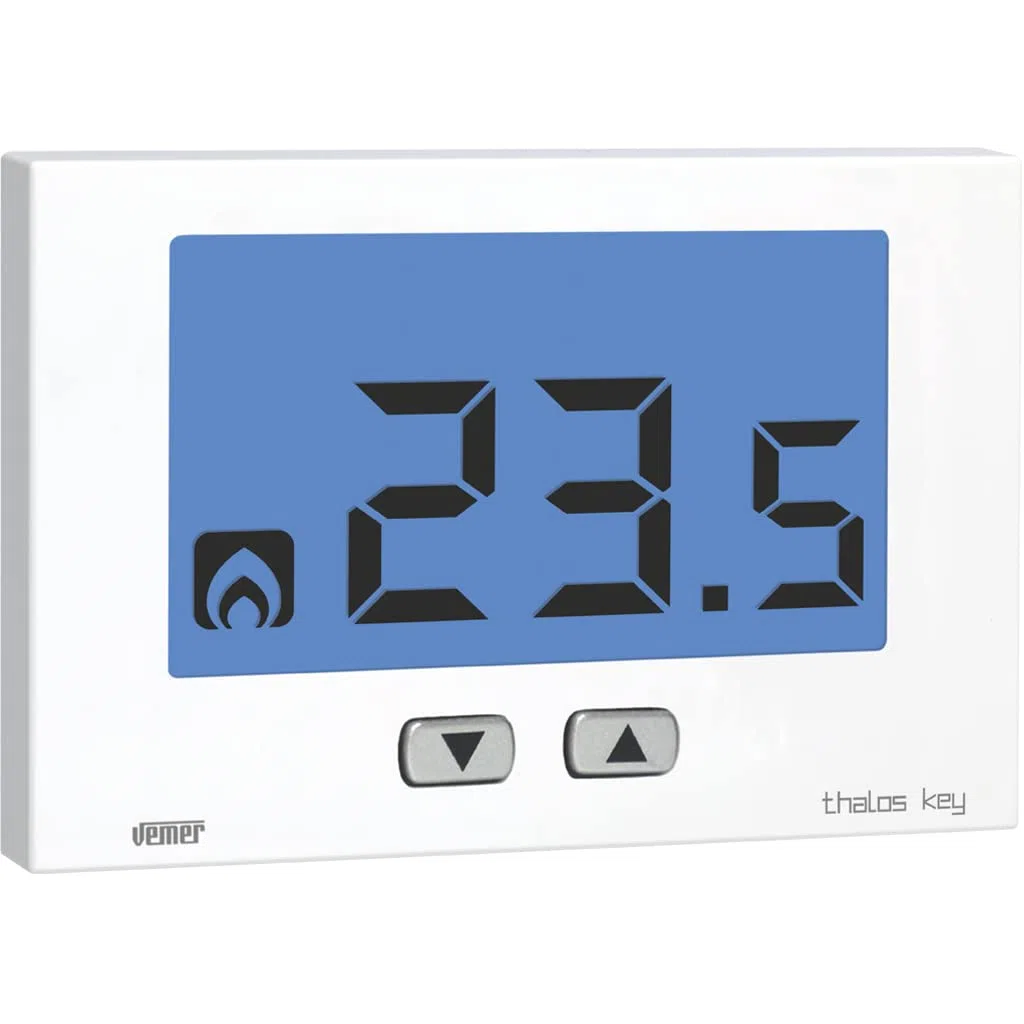 VEMER VE720900 THALOS Key - Termostato de Ambiente de Pared para Calefacción y Aire Acondicionado, Pantalla LCD, Teclado de 2 Teclas, Alimentación 230V, Blanco