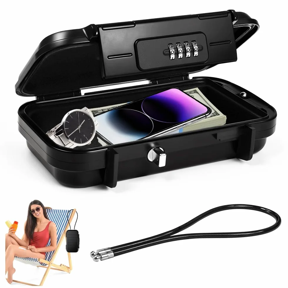 Caja Fuerte Pequeña Portátil con Cable de Acero, Código Impermeable Antirrobo Ignífuga para Viajes