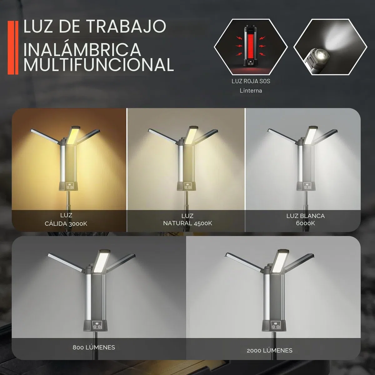 Lámpara Camping con 6000 mAh, 3 Temperaturas de Color Regulables, Superbrillante, Luz de Trabajo Inalámbrica Recargable, Con Trípode Extensible, 2000 Lúmenes, Para Camping, Reparación de Coches