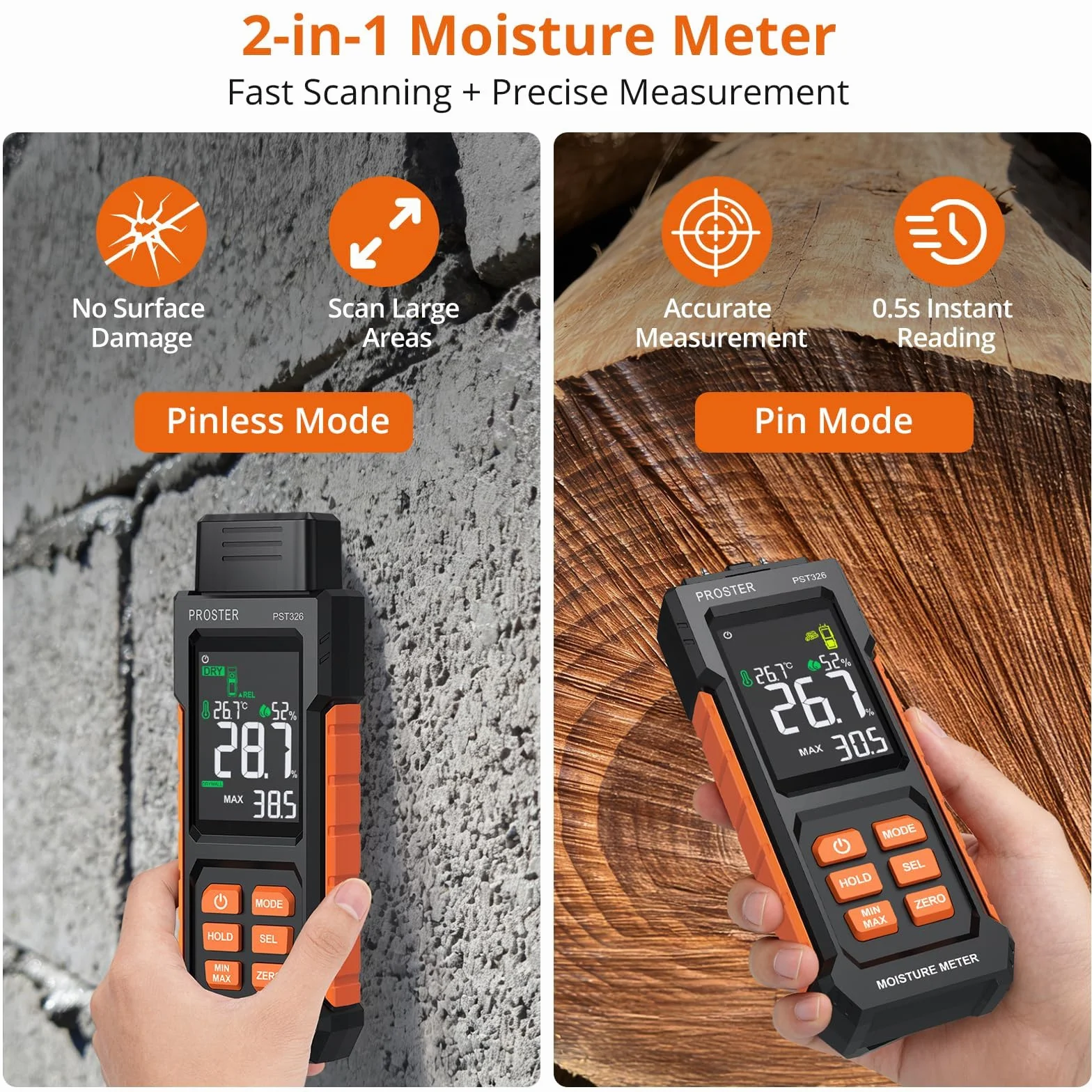 Proster Medidor de Humedad de Madera Probador de Humedad 2 EN 1 con y sin Pin Humidímetro Digital con 4 Modos y Temperatura y Humedad Ambientales para Madera y Materiales de Construcción