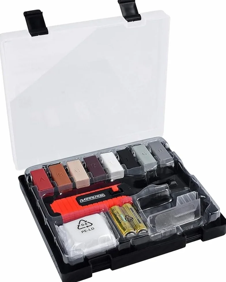 Kit de reparación de azulejos de 14 piezas – 8 tonos diferentes – Incluye cera derretidor, cepillo y esponja de lijado – Adecuado para superficies lisas de todo tipo/Kit de reparación para