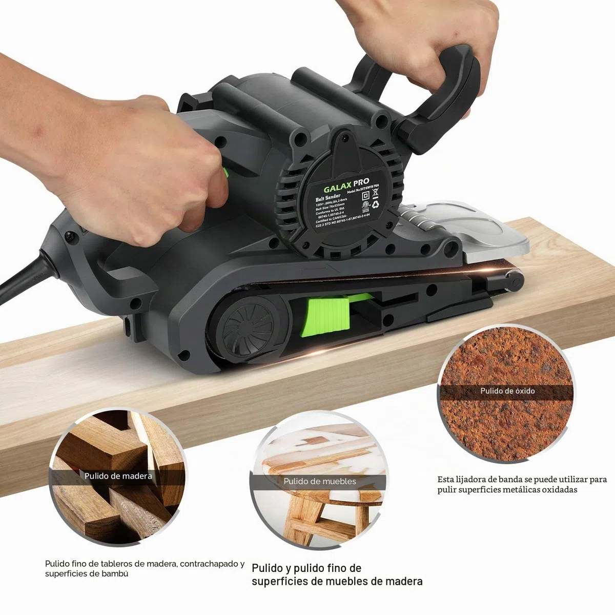 GALAX PRO Lijadora de banda con control de velocidad y conexión para aspiradora, incluye bolsa para el polvo y cinta abrasiva, lijadora de 1010W con superficie de lijado de 533 mmx76 mm