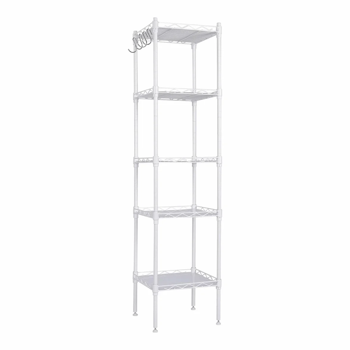Estantería metálica blanca 5 baldas ajustables con ganchos laterales | 145x30x30cm | Estante almacenamiento resistente para cocina, despensa, baño, garaje u oficina | Montaje fácil sin tornillos