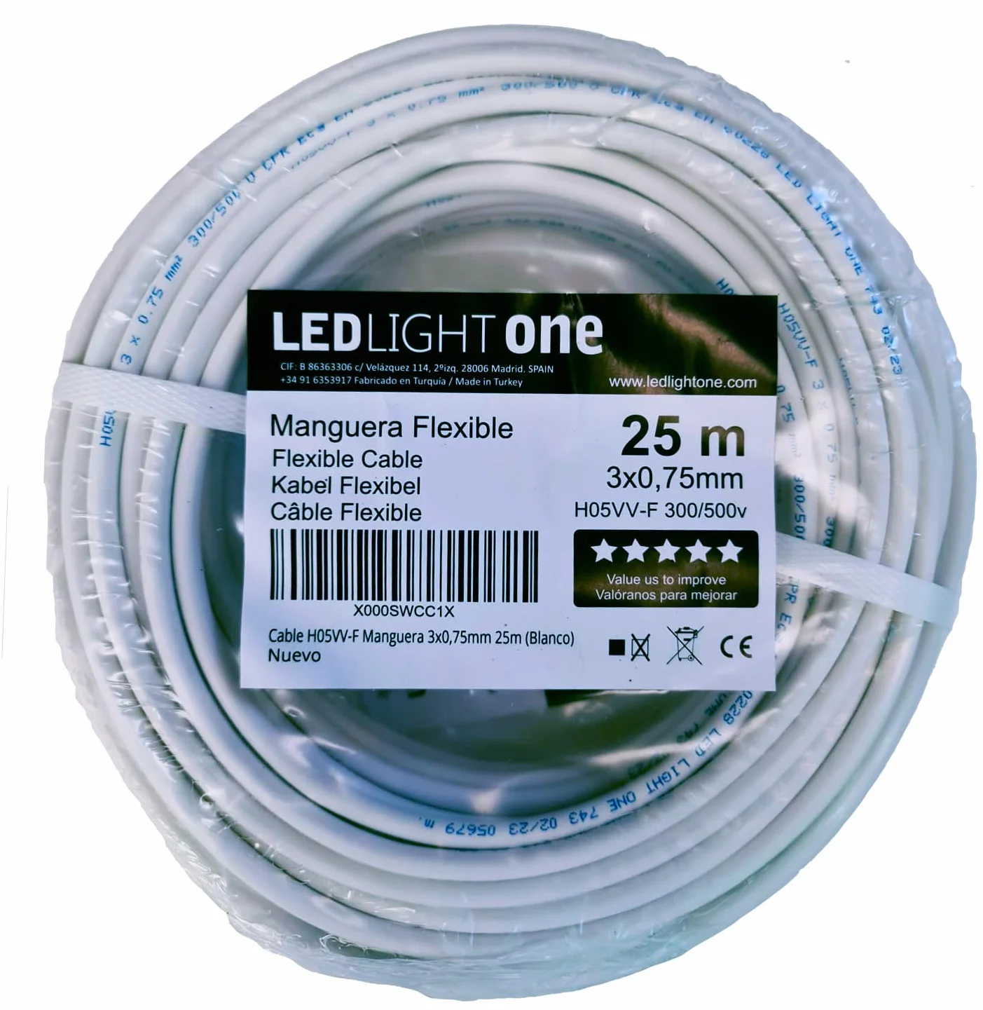 Cable eléctrico H05VV-F Manguera 3x0,75mm 25m Blanco 500V 70°C