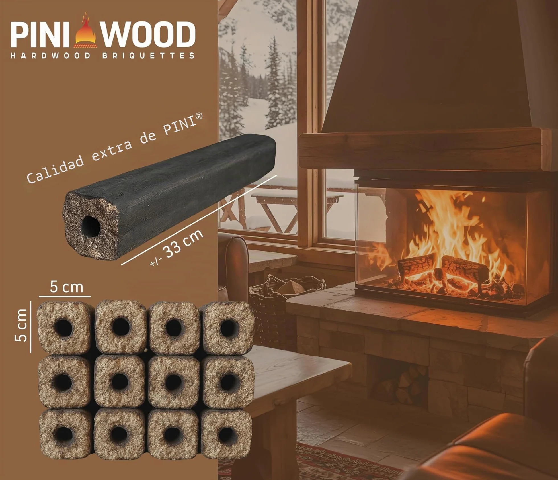 PINI Kay Briquets de roble de 33 cm de largo, cuadrados con orificio de extracción, 10 kg de briquetas de madera dura, leña, briquetas de madera, roble, para chimenea, estufa, fogata, parrilla