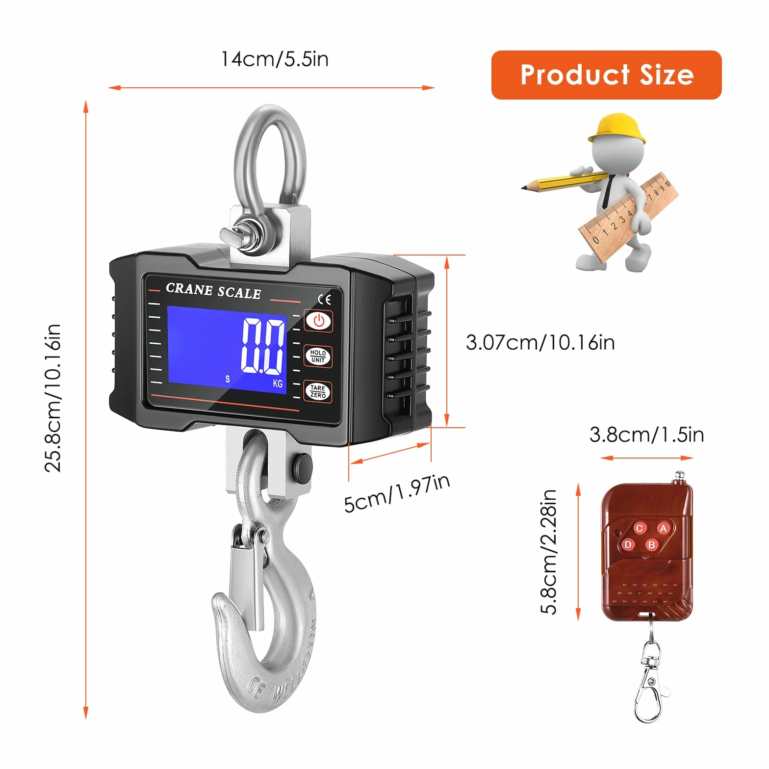 Bascula Gancho Industrial 1000kg, Báscula de Grúa Digital de Alta Precisión Báscula Colgantes Balanza Digital de Grúa LCD Inteligente con Control Remoto