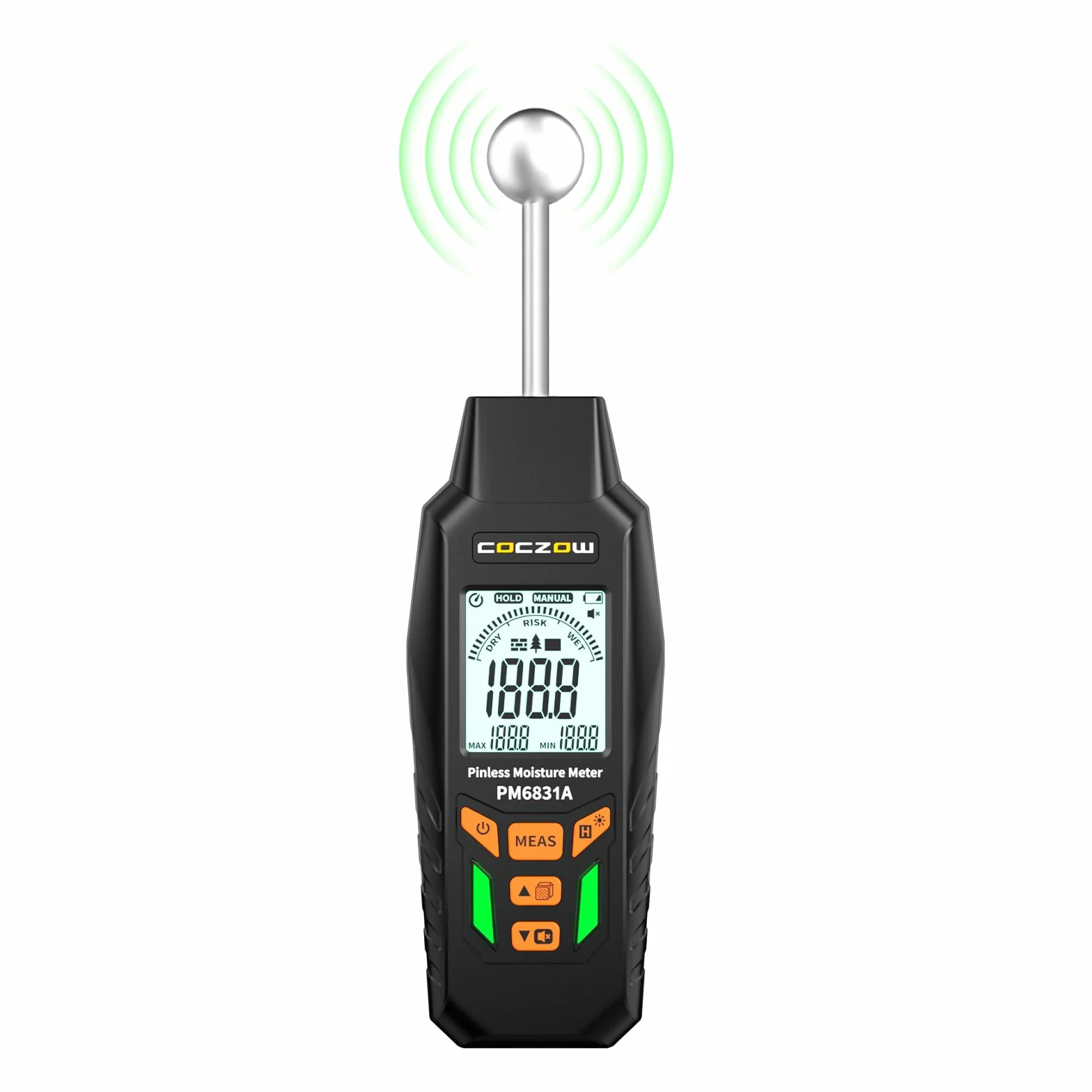 Medidor de Humedad No Destructivo COCZOW PM6831A, Detector de Humedad Sin Pinchos para Madera, Yeso, Paredes y Construcción, Indicador 3 Colores, Luz de Fondo, Mute y Función Hold