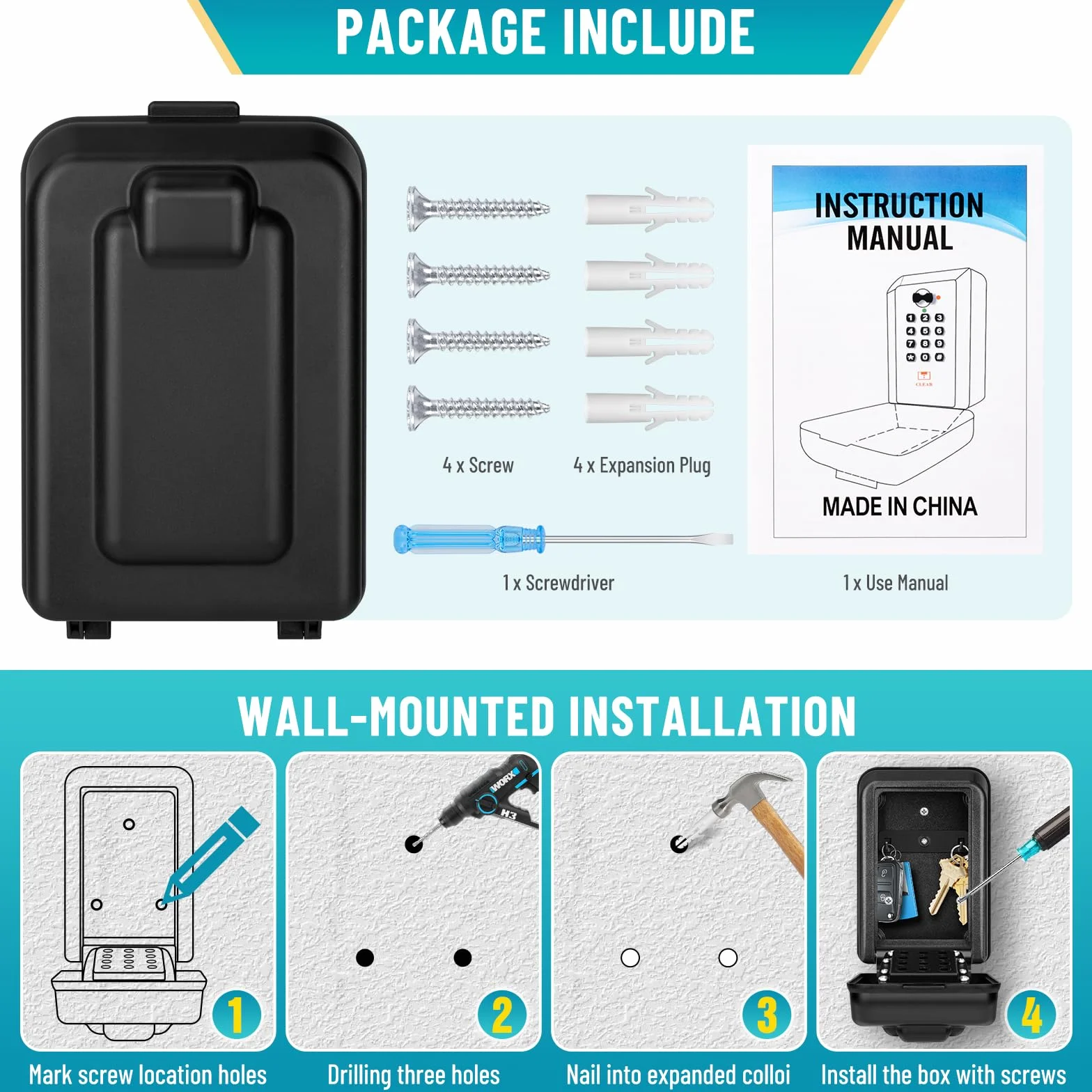 Caja de Seguridad para Llaves Grande Impermeable 12 Dígitos Exterior Negro