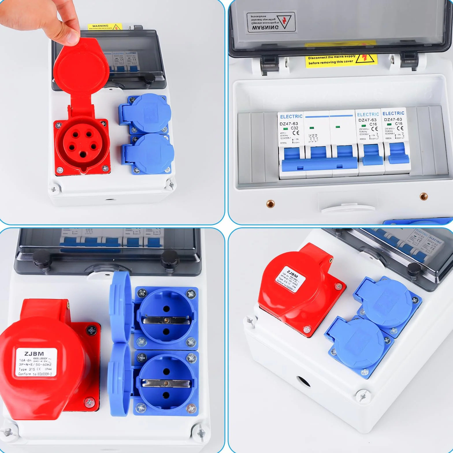 Caja de distribución, distribuidor de corriente para obra, distribuidor de pared, con interruptor automático, 2 tomas Schuko y CEE 16A, distribuidor de corriente impermeable, completamente