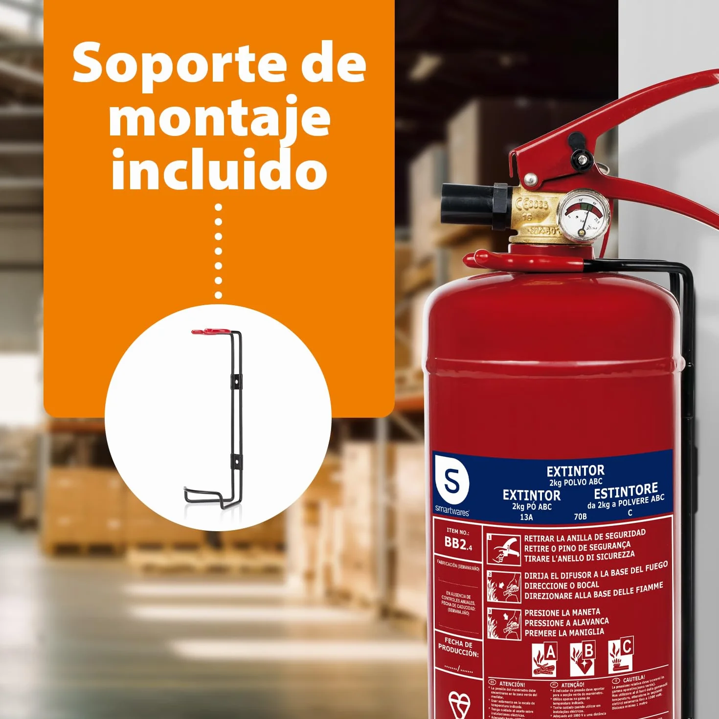 Smartwares Extintor de Polvo 2 kg para Fuegos ABC con Soporte de Montaje