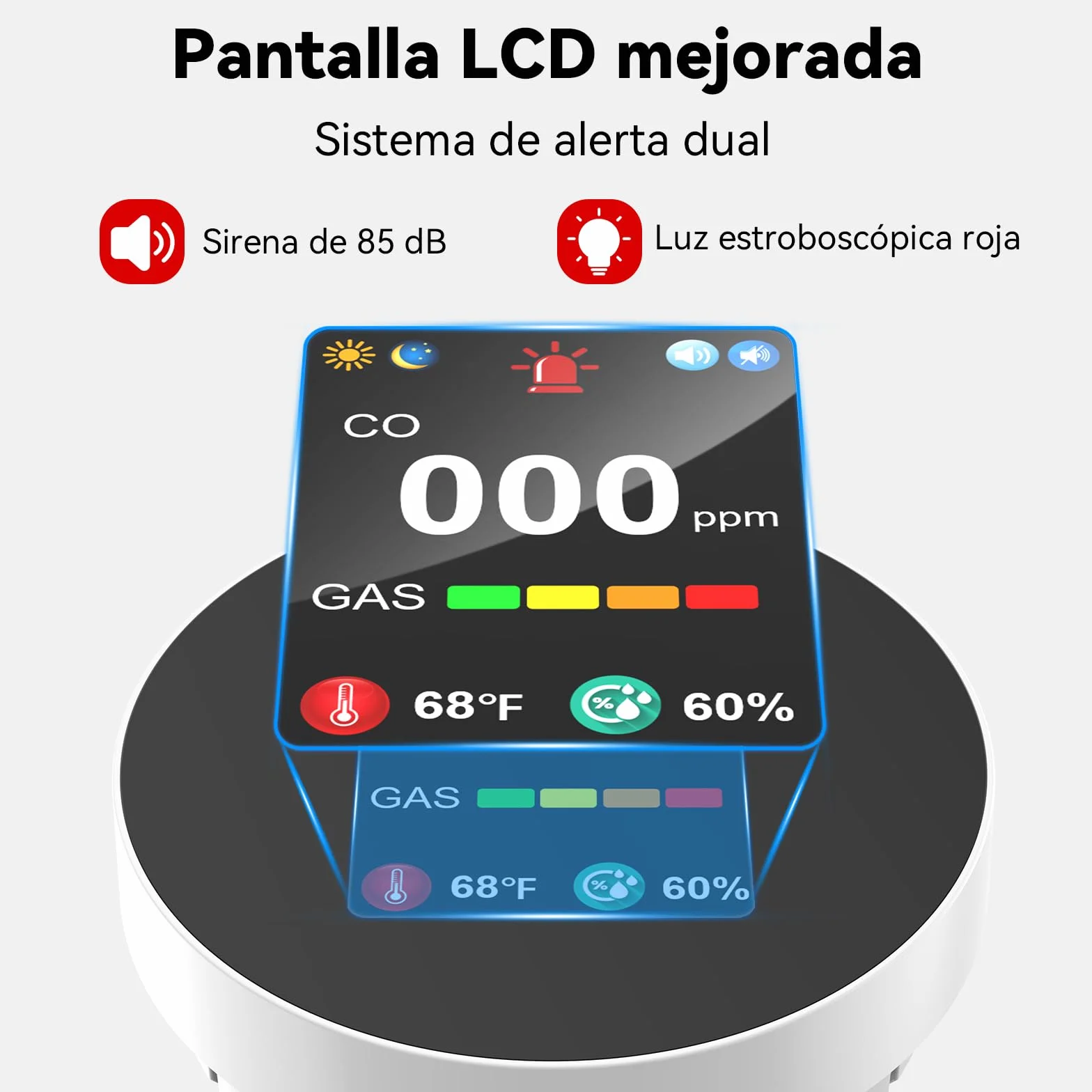 Detector de Monóxido de Carbono y Gas con Enchufe, Combinado Detector de CO 4 en 1 con Sensor de Temperatura y Humedad, Alarma Sonora para Hogar y Caravana, 1 Pieza
