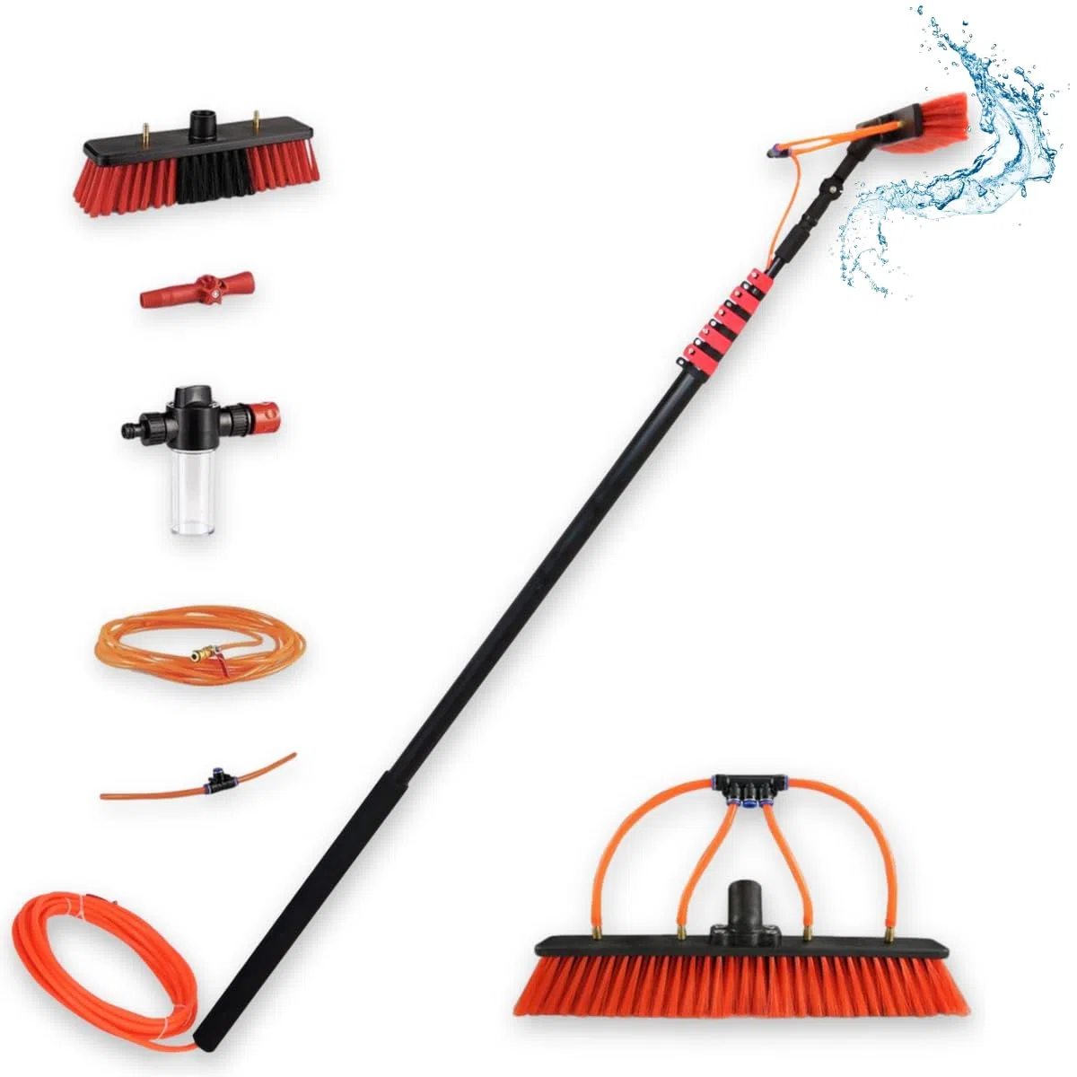 Cepillo/Escoba Limpiador Extensible 4,6 m con Agua a Presión - Limpiador de Ventanas, Paredes y Coches, Palo Telescopico, Escoba con Agua y Jabon, Limpia Placas y Paneles Solares, Hidrolimpiadora