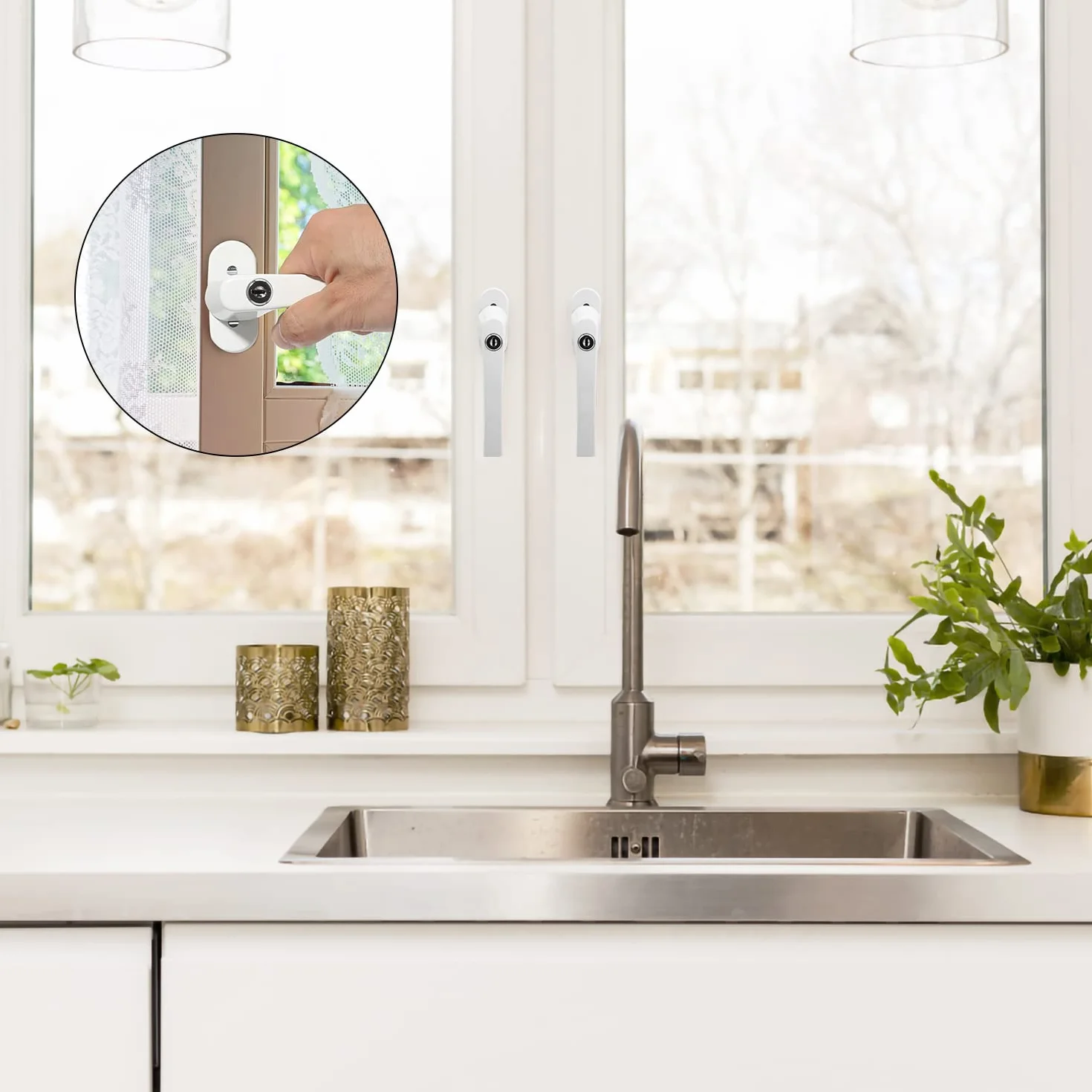 Jopassy Tirador de ventana de aluminio, 8 unidades, color blanco, con cerradura, llave de seguridad para niños en longitud de pasador de 35 cm, cierre uniforme para Windows