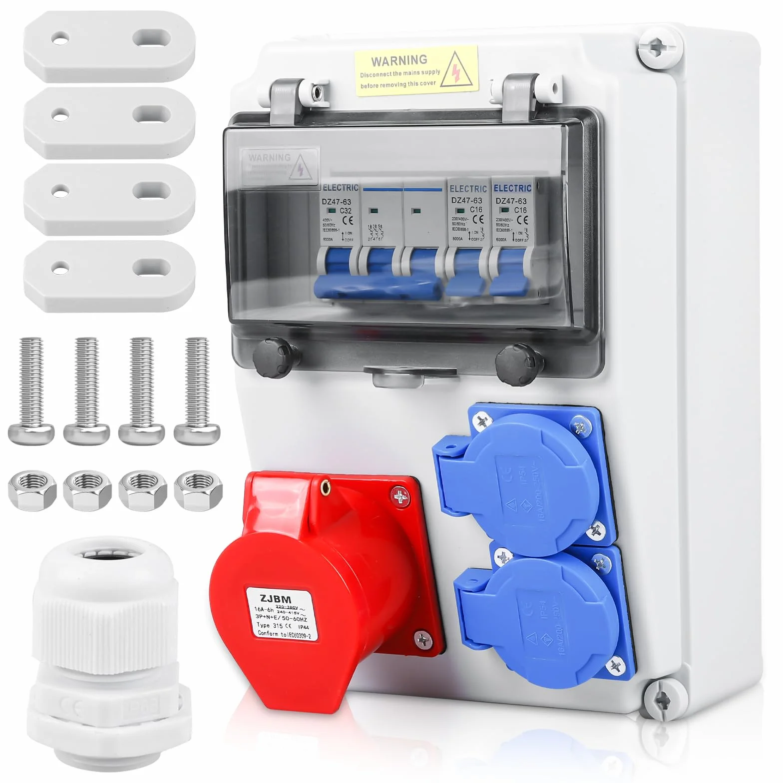 Caja de distribución, distribuidor de corriente para obra, distribuidor de pared, con interruptor automático, 2 tomas Schuko y CEE 16A, distribuidor de corriente impermeable, completamente