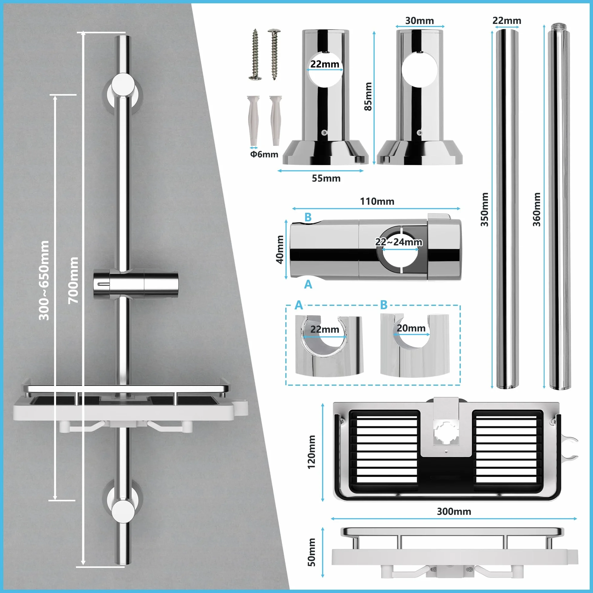 Görbach Barra de Ducha 70 CM de Acero Inoxidable, Columna Sin Grifo con Soporte de Alcachofa de Ducha 360°Giratoria y Soportes de pared, Barra Ducha con Estante Ajustable en Altura, Cromo
