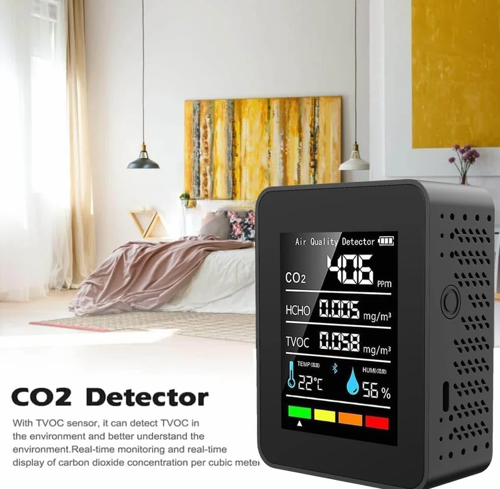 Medidor CO2 Detector CO2 Gas, 5 en 1 Detector de CO2 con Pantalla LED Medidor de Humedad y Temperatura TVOC HCHO Dormitorio Oficina Coche