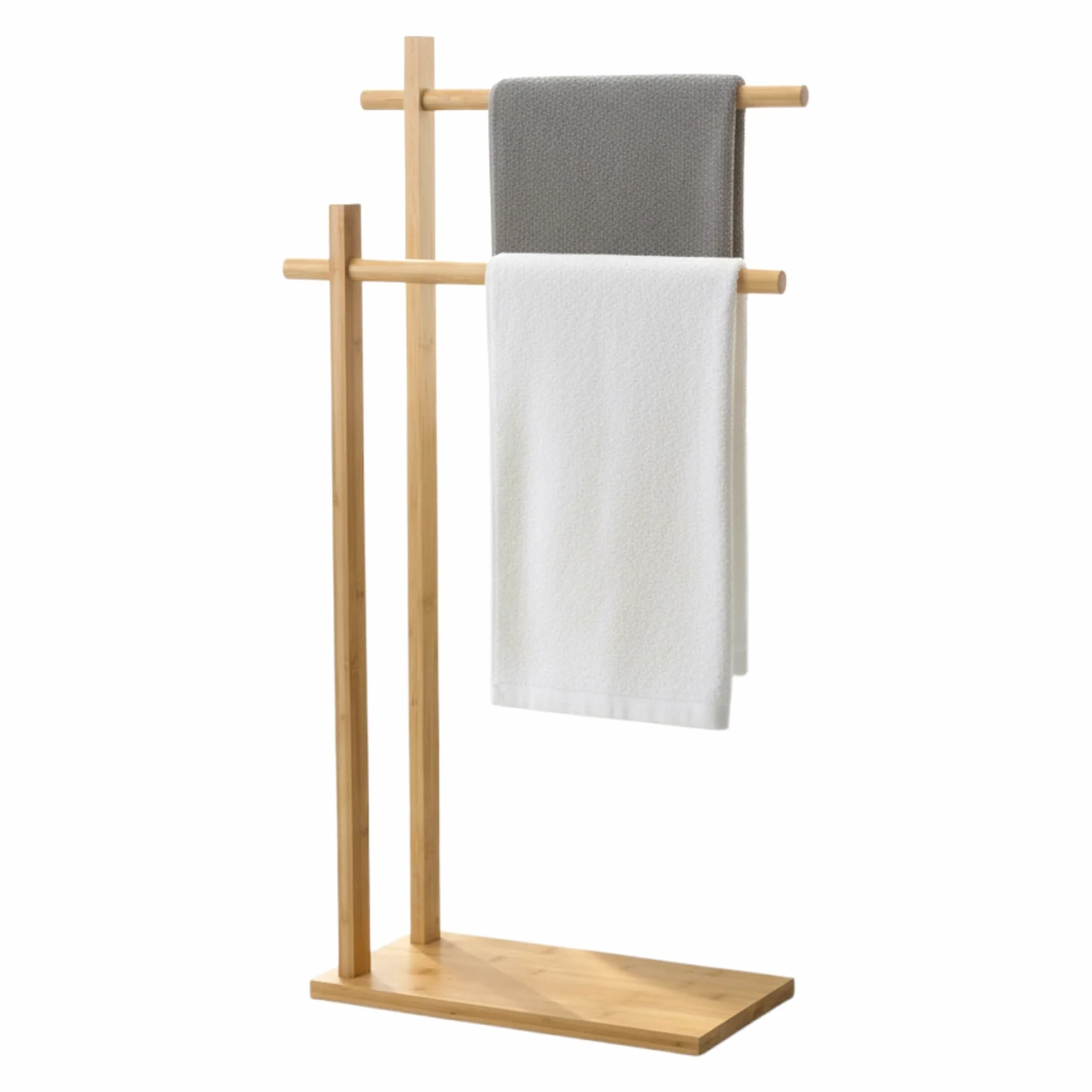 Toallero de pie portátil de madera bambú con 2 porta toallas de barras para baño