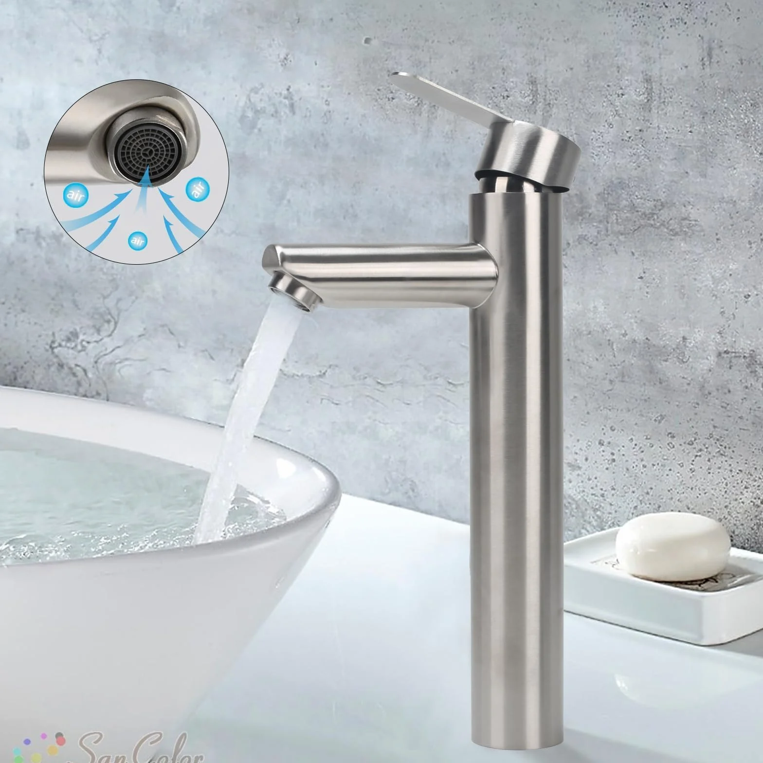 Grifo Alto de Lavabo Monomando para Baño - Mezclador de Acero Inoxidable con Control de Agua Fría y Caliente (Caño 200 mm)