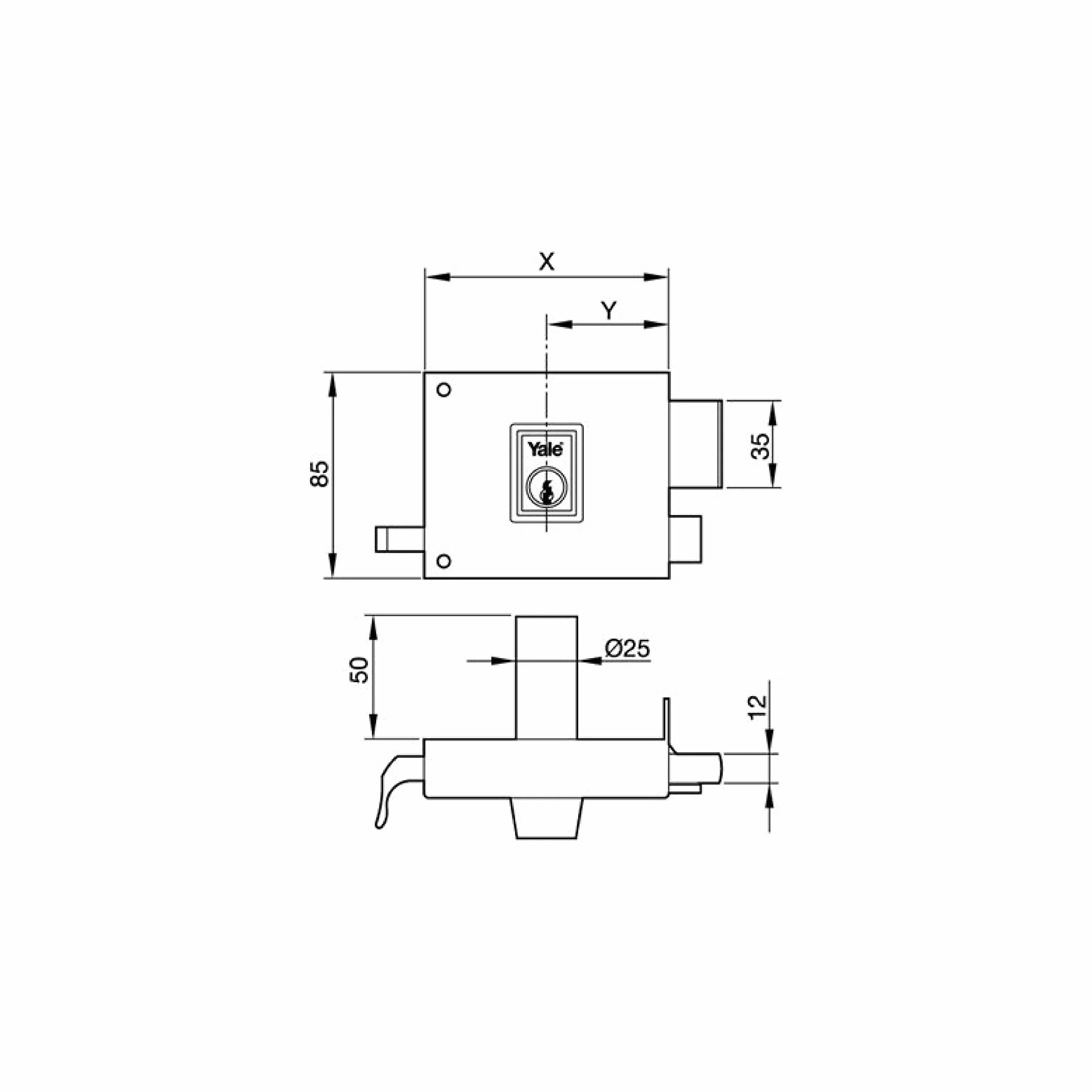 Yale Yale Cerradura de Sobreponer Estándar 125, Derecha, Hierro Pintado: Entrada 50 mm, 125 Derecha, Metal, Hierro Pintado Cerradura de sobreponer con doble cilindro