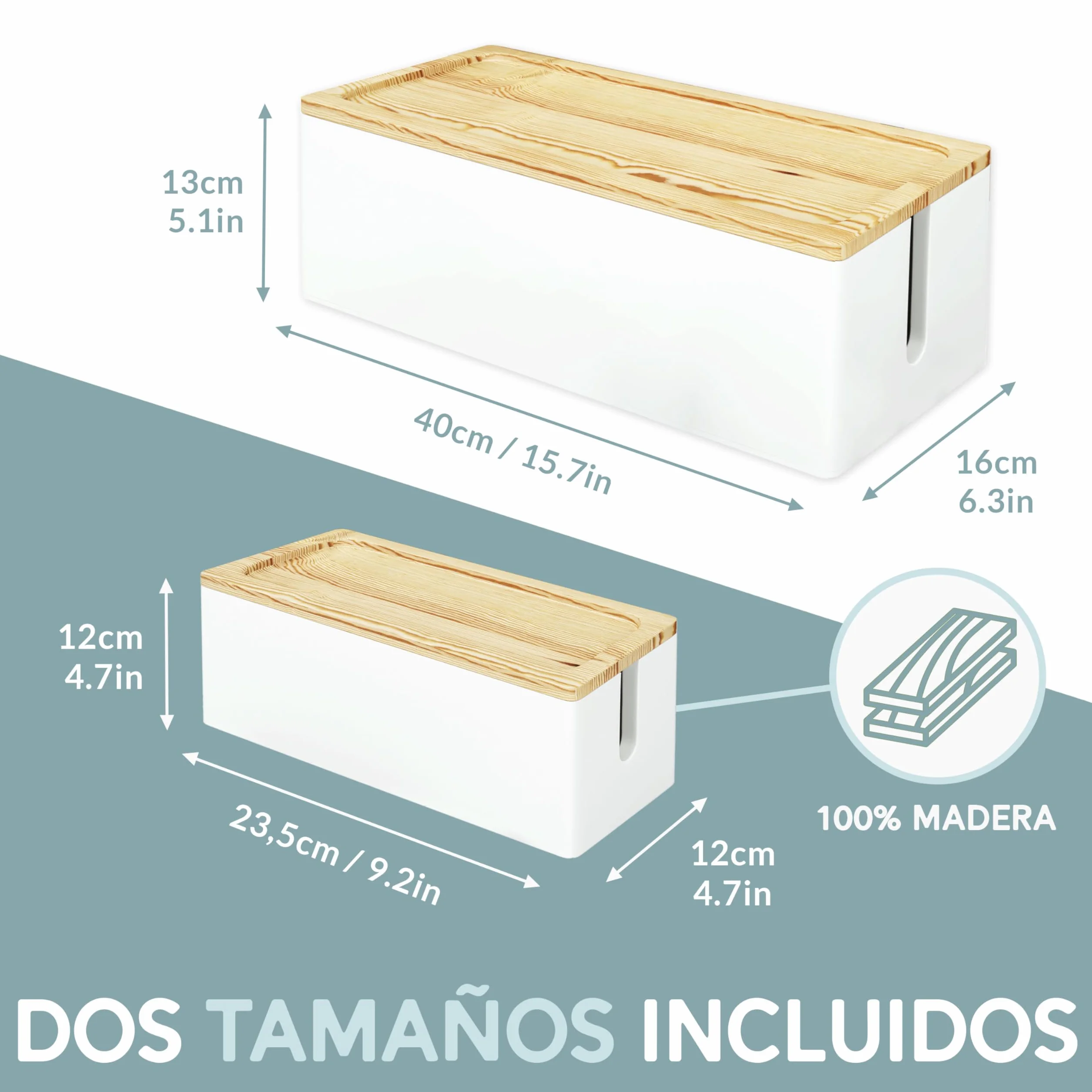 Nature Supplies Organizador de Cables de Madera de Pino Blanco - Caja Mediana para Escritorio y Grande para Piso