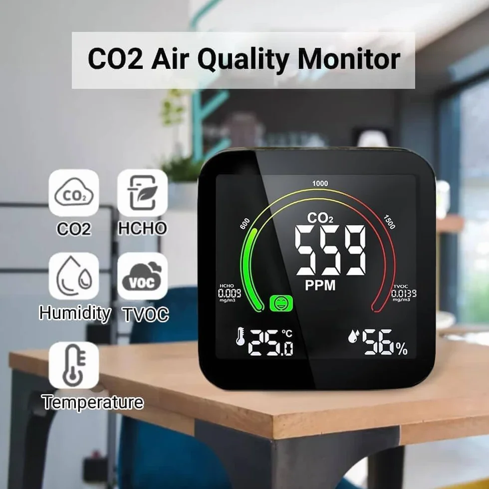 Medidor CO2 Detector CO2 Gas, 5 en 1 Detector de CO2 con Pantalla LED Medidor de Humedad y Temperatura TVOC HCHO Dormitorio Oficina Coche