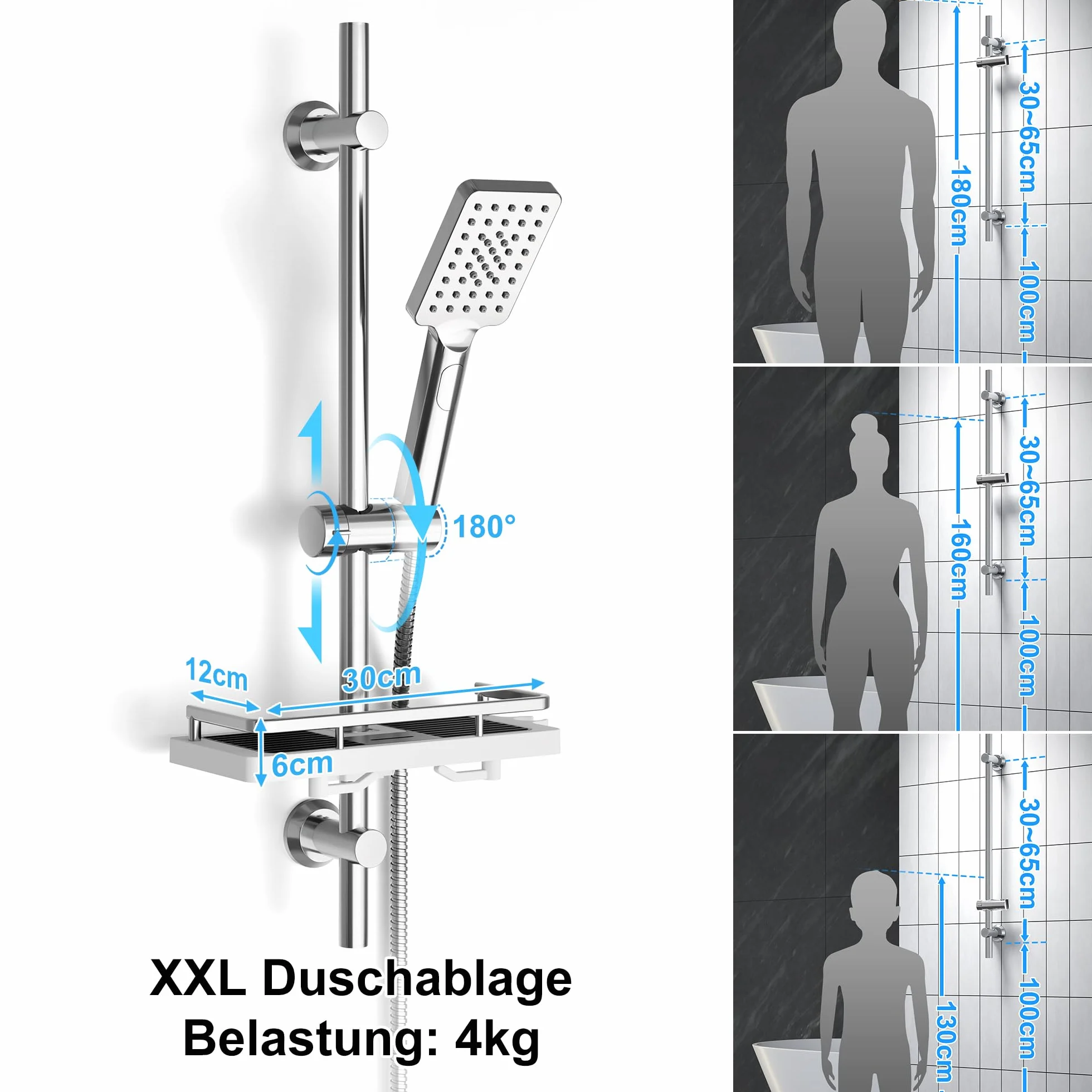 Görbach Barra de Ducha 70 CM de Acero Inoxidable, Columna Sin Grifo con Soporte de Alcachofa de Ducha 360°Giratoria y Soportes de pared, Barra Ducha con Estante Ajustable en Altura, Cromo