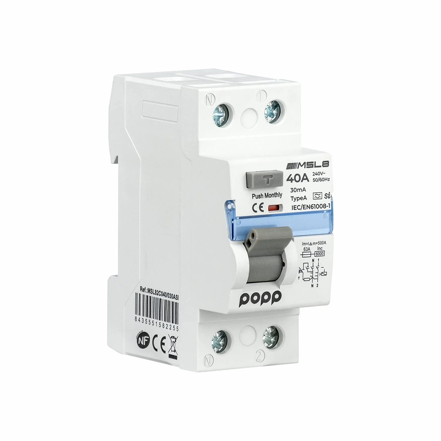 POPP Electric Interruptor Diferencial RCCB Superinmunizado Clase A SI industrial 2P 40A 30mA 300mA 6KA 1P+N MSL8A