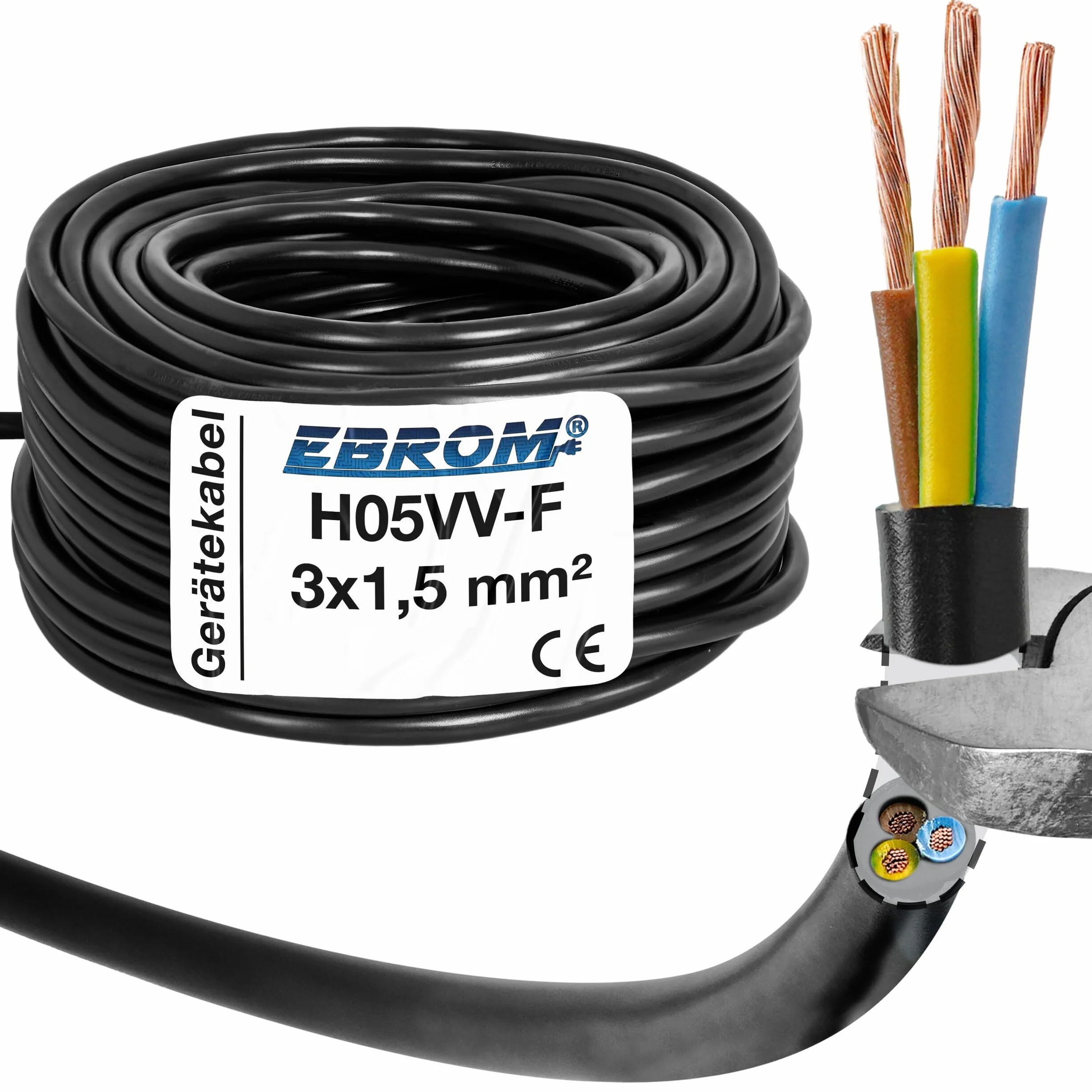 Cable de manguera de plástico redondo H05VV-F 3 x 1,5 mm² 3G1,5 (mm2) – Color: negro 5 m/10 m/15 m/20 m/25 m/30 m/35 m/40 m/45 m/50 m/55 m/60 m, etc. hasta 100 m en 5m seleccionables