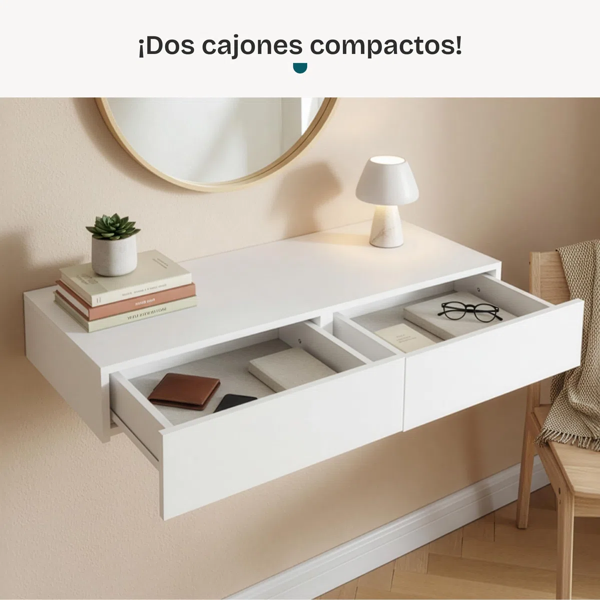 [en.casa] Estanteria Pared Karstula con 2 Cajones hasta 5 kg Mesilla de Noche Mural Estante con Dos Cajones Recubierto de PVC 80 x 35 x 12 cm - Blanco