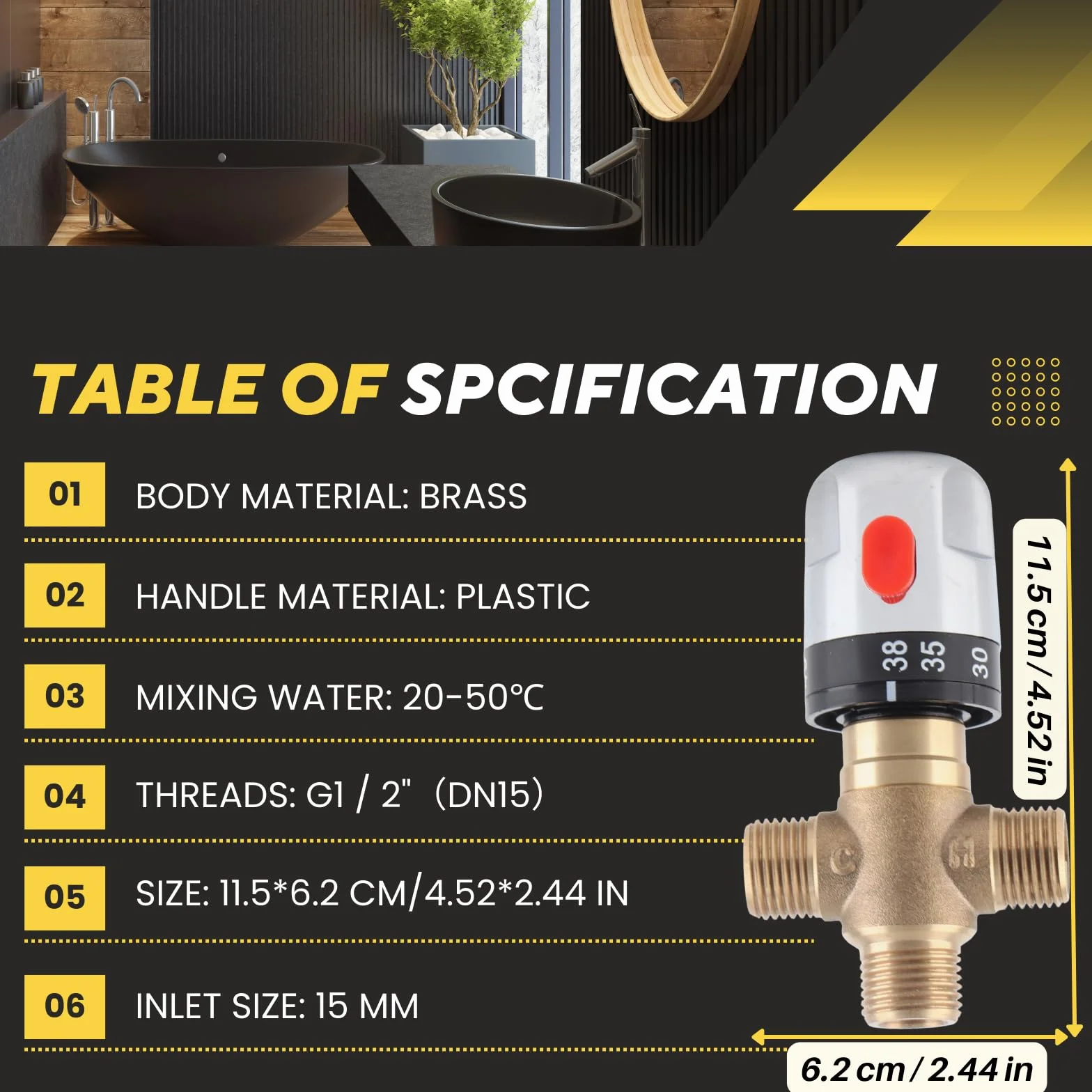 Válvula Mezcladora Termostática Latón 15 mm 38°C Seguridad 42°C Grifo Lavabo