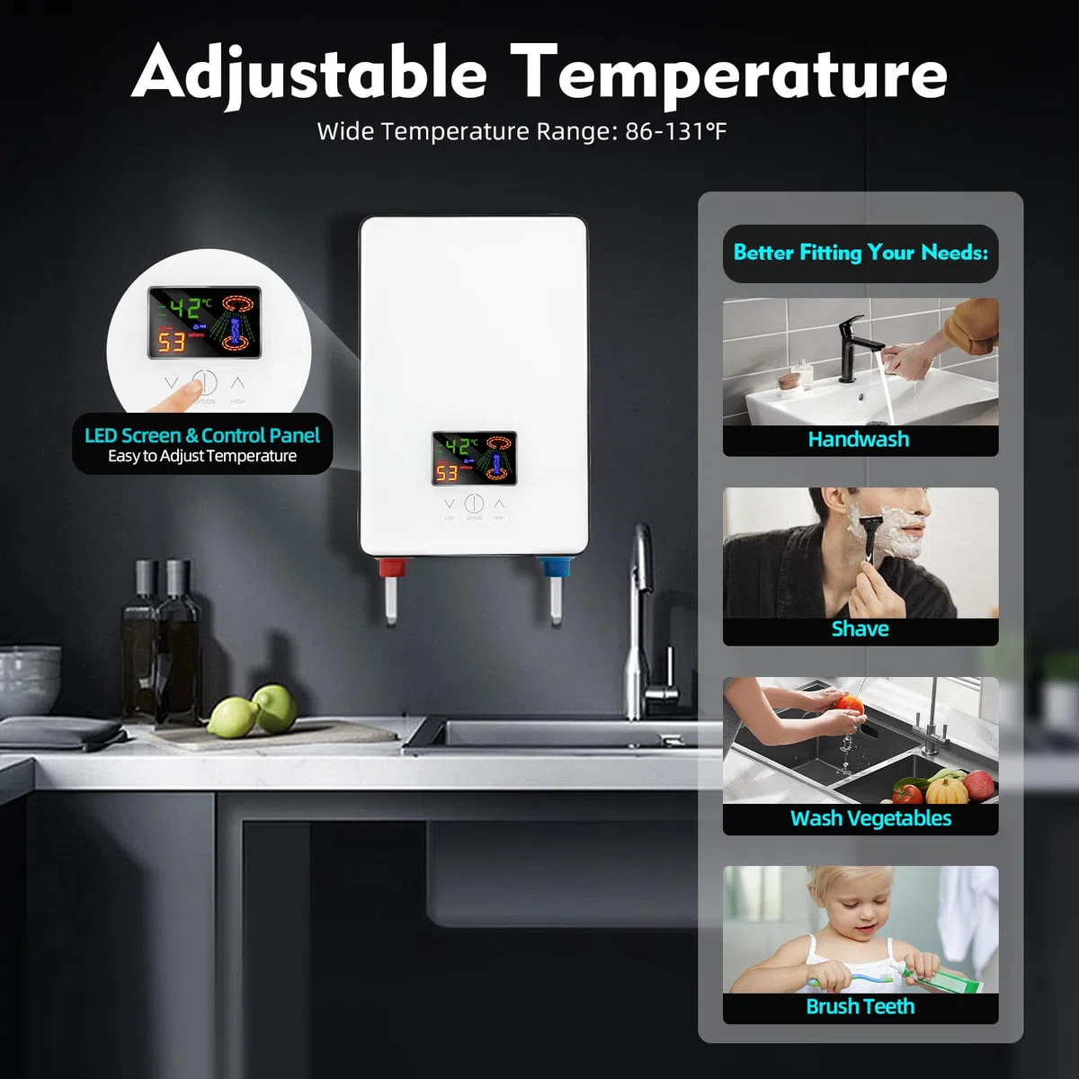 Calentador de agua eléctrico digital, 6500 W, sin tanque, para baños, peluquerías, hoteles, salones de belleza, escuelas, hospitales, 18,6 x 5,7 x 27,7 cm (blanco)